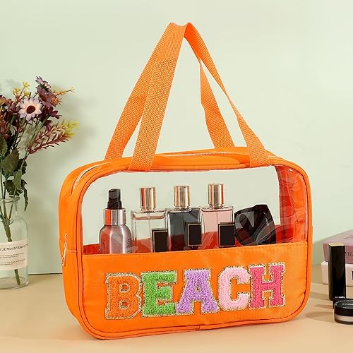 Miniatura 2 de Bolsa transparente de felpilla con parches de letras, bolsa de maquillaje transparente de PVC y nailon multiusos con asas, bolsa grande de