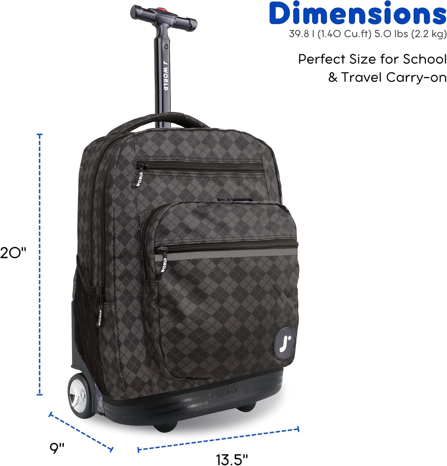 J World Sundance Laptop Rolling Backpack for Girls Boys. Roller Bookbag with Wheels, Argyle Black
