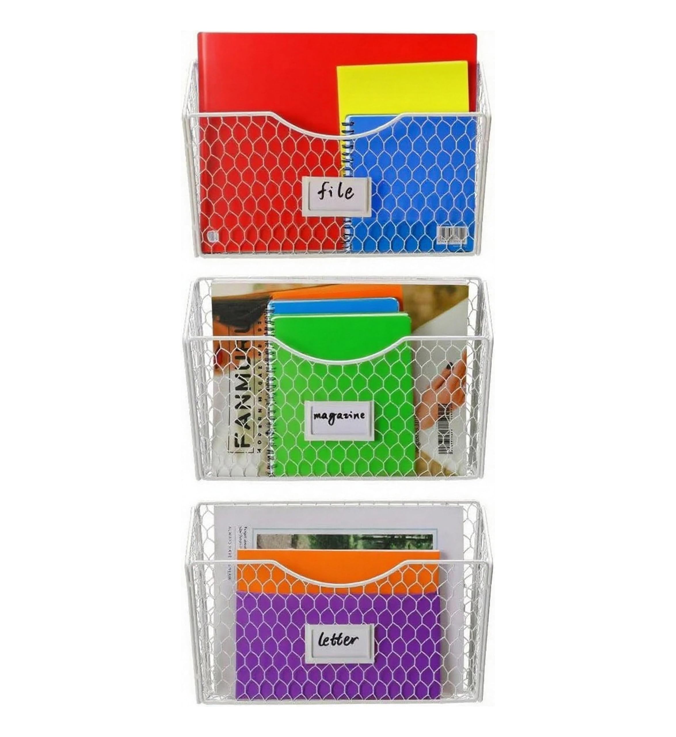 Zeitschriftenständer mit 3 Fächern, Hängemappen, Metalldrahtkörbe mit Etikettenschlitz, Literaturkataloge, Post, Briefe, Diagramme, Broschüren, Wandorganizer für Büro, Schlafsaal