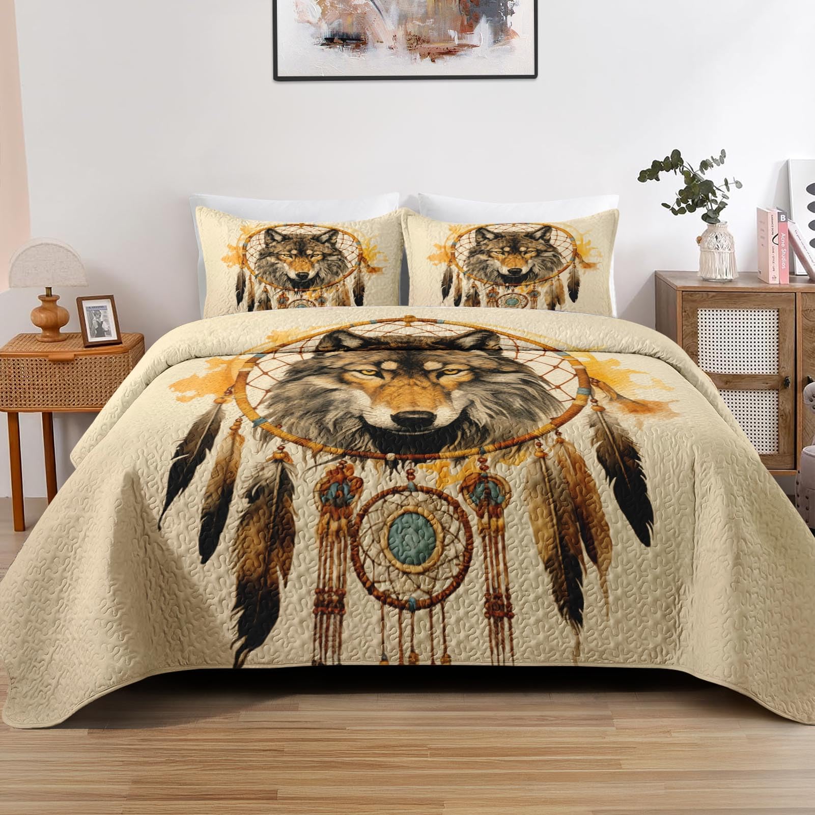 Pamnest Quilt Set Full/Queen Size, Colorful Tribal Wolf 3 Pcs Soft Bed Cover Bedding Set for Kids and Adults, American Boho Feather Dog Lightweight Bedspread Coverlet with Pillow Sham for All Season