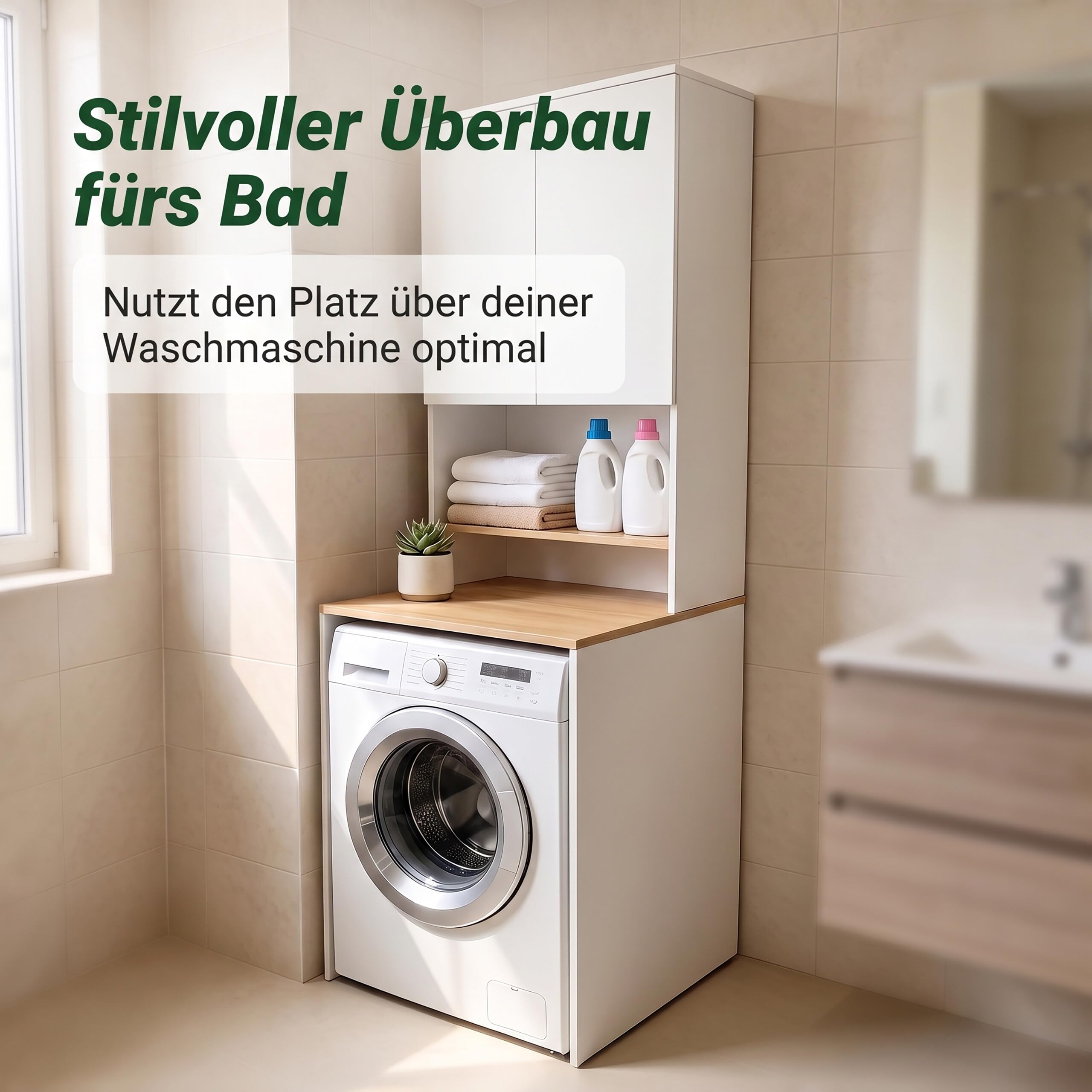 Relaxdays Waschmaschinenschrank, 4 Fächer, HxBxT: 188,5 x 68 x 60 cm, Überbauregal Waschmaschine, Trockner, weiß/Natur