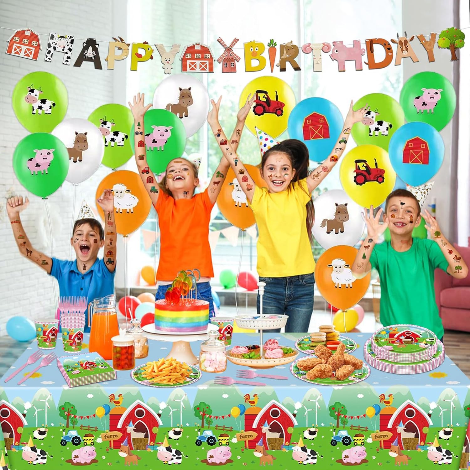 108PCS Farm Animal Birthday Party Supplies: Barnyard Animal Tableware Set, Paper Plates, Napkin, Balloon, Tattoo Stickers, Tablecloth, Banner, Serve 16