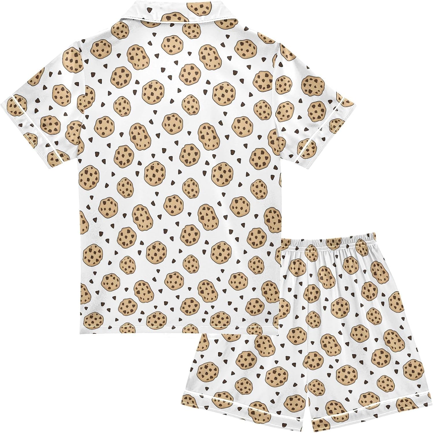 Kids Satin Wear Set Crushed Chocolate Chip Cookies Pattern Relaxing Clothing Short Sleeve and Shorts