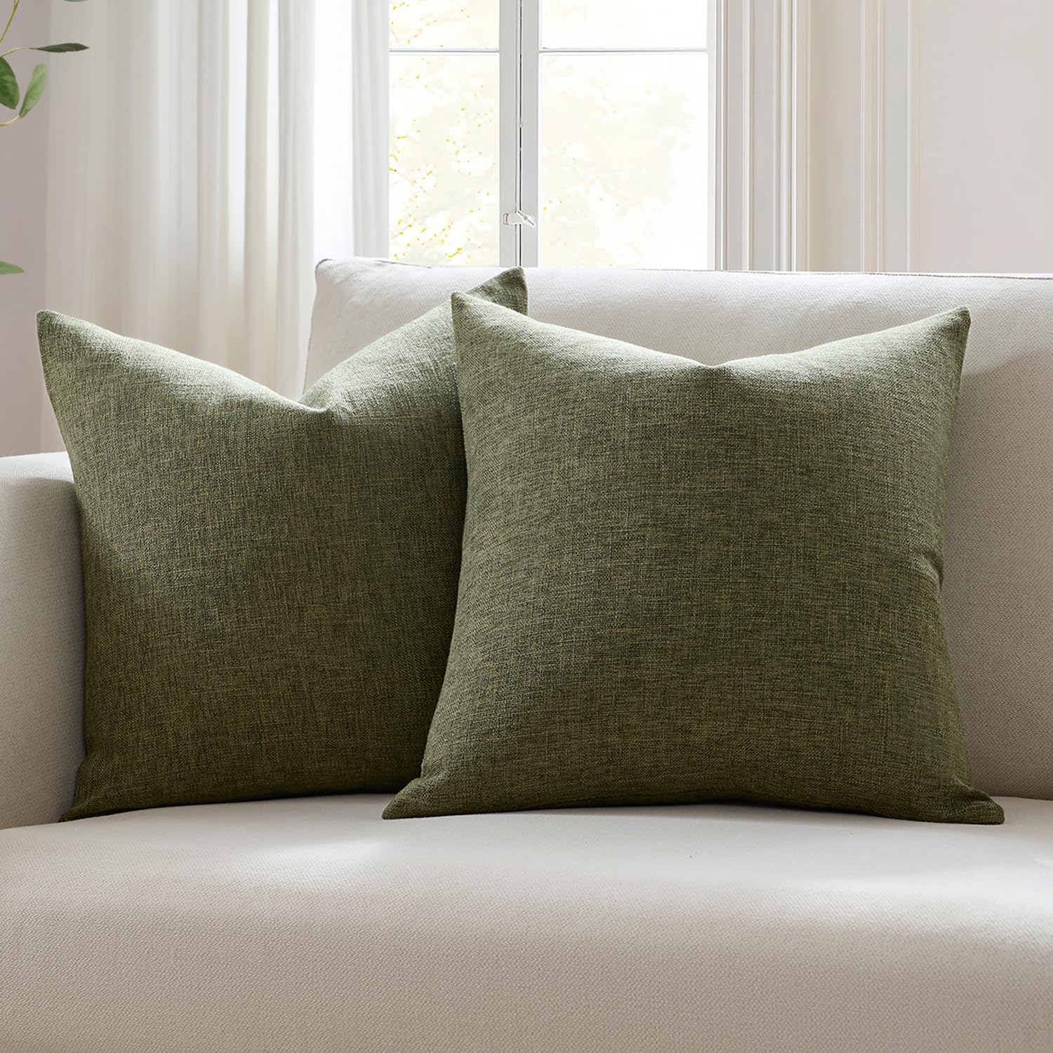 Meekio Set of 2 Dark Moss Green Throw Pillow Covers 18x18, Modern Farmhouse Linen Blend Decorative Pillow Covers for Couch Sofa Bed, Earth Tone Home