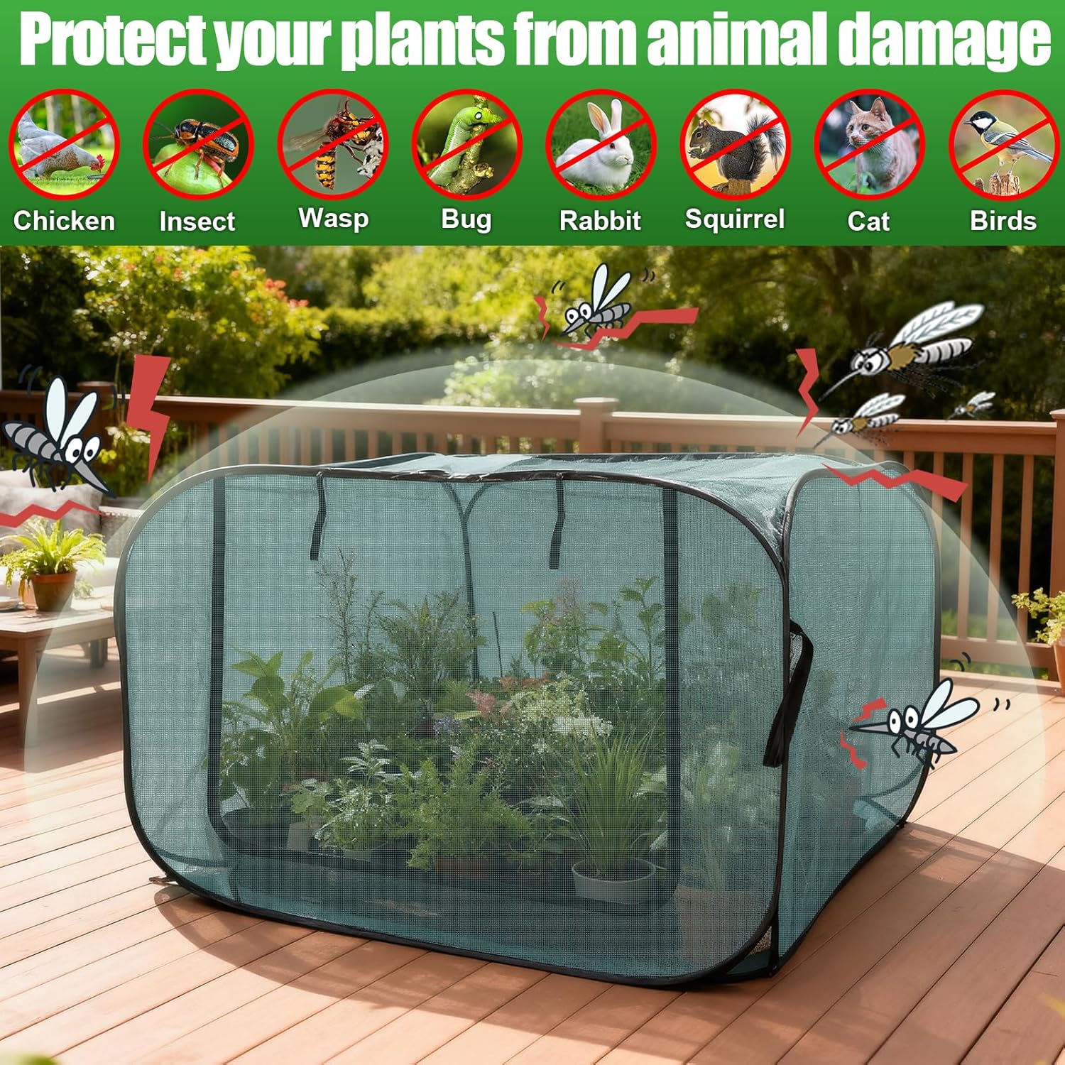 RGQSUN 1Pcs 39 x 39 x 19in Pop-up Garden Mesh Plant Cover,Large Pest Guard Cover,Plant Gardening Net Cover with Zip and Stakes for Protecting Vegetable Fruits Plant from Birds Insects