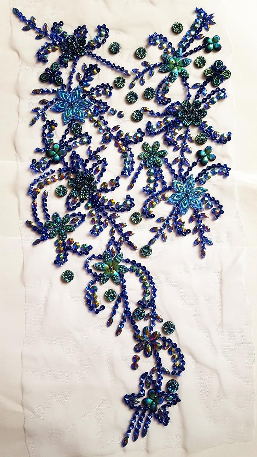 Noble Pure Handmade Beaded Crystal AB Color Patches Sew on Rhinestones with Stones Sequins Beads Applique Designs Patches Sewing for DIY Wedding Dress Trim 30x60cm (Dark Blue)