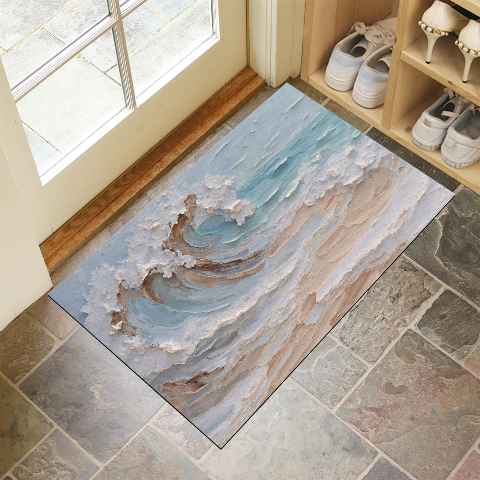 Tapis de sol vagues de plage beige pour une entrée sereine