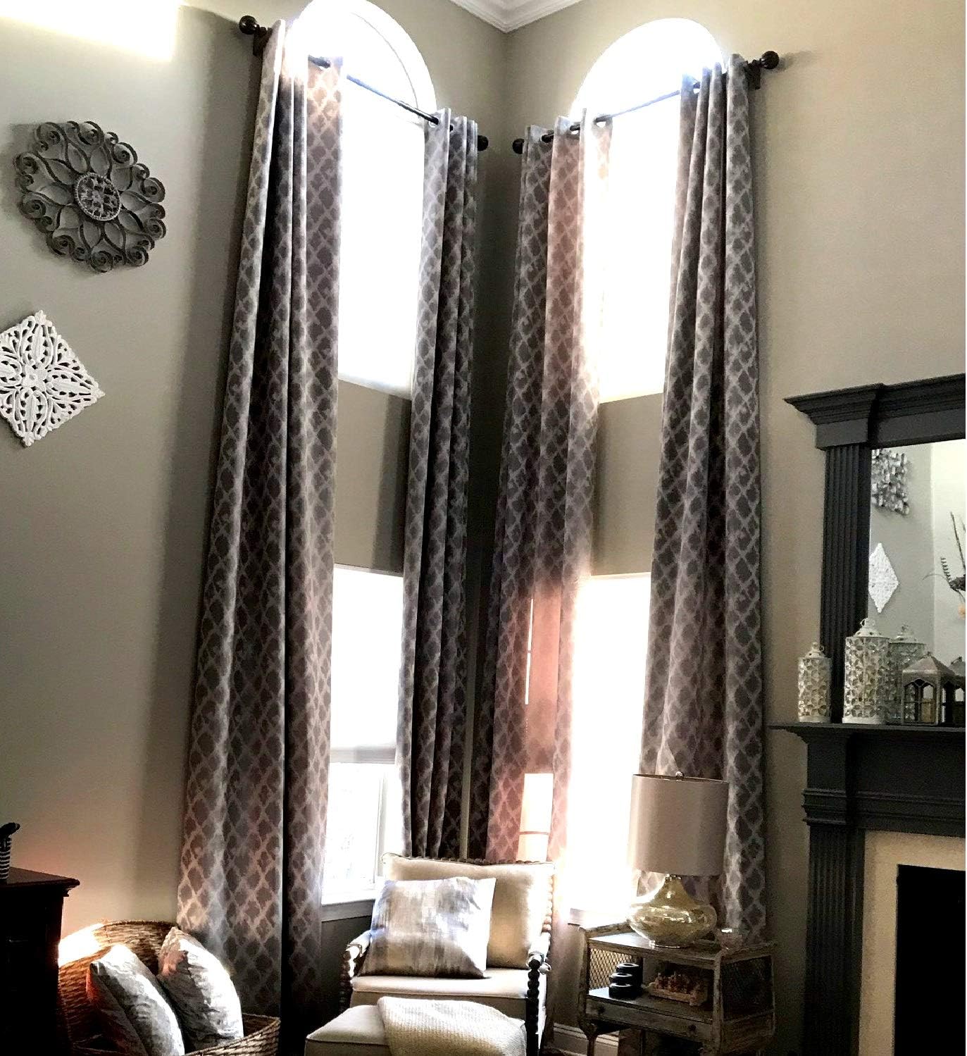 Ikiriska Extra Long Blue Beige Gray Jacquard Curtain with Diamond Pattern with Grommet top 16, 17, 18, 20 feet 100 inches Wide 2 Story Long (Gray and Beige, 18 ft)