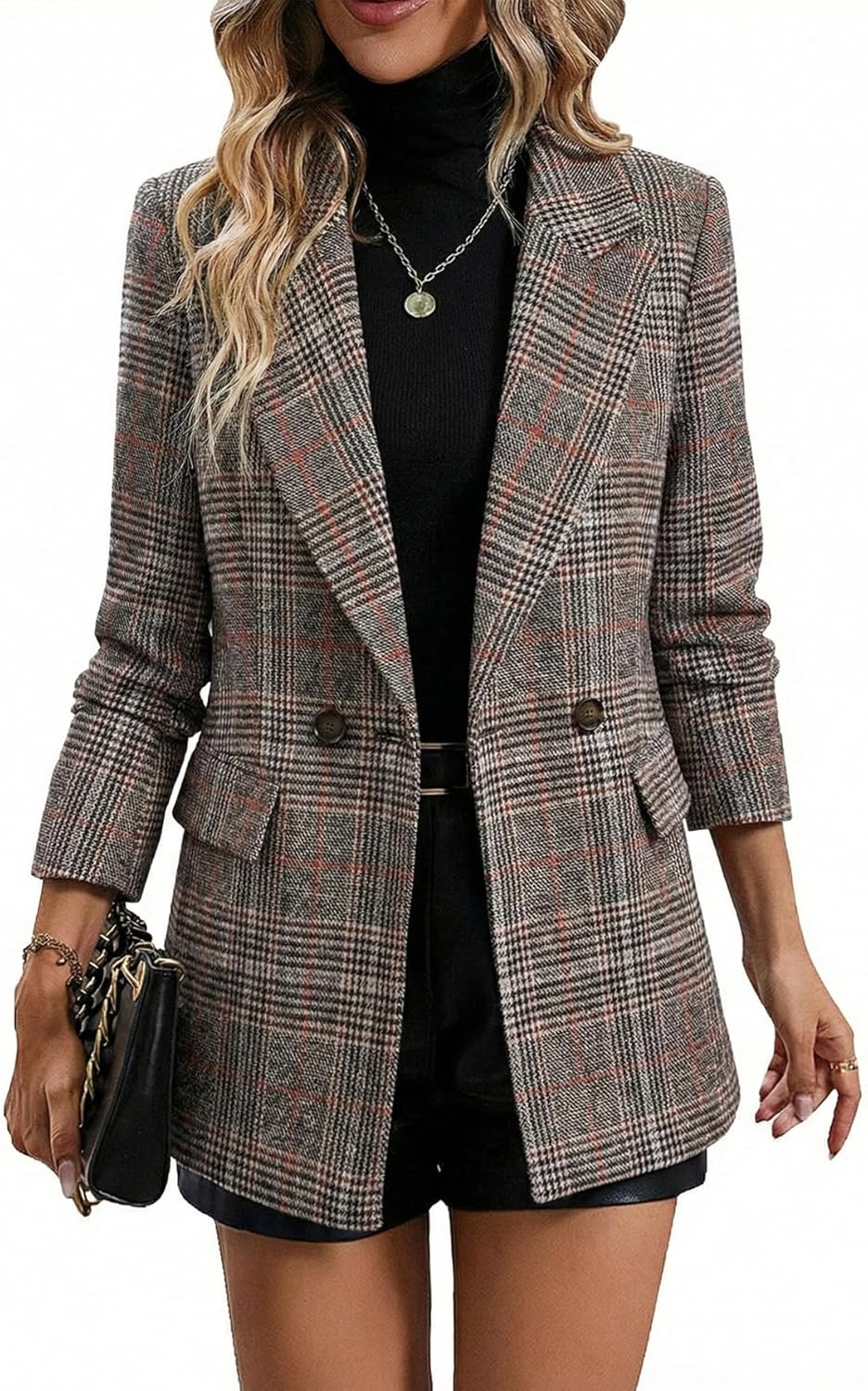 Mina Self Women's 2026 Spring Plaid Houndstooth Blazer Jacket - Fully Lined Button Lapel Casual Work Office Suit with Pockets