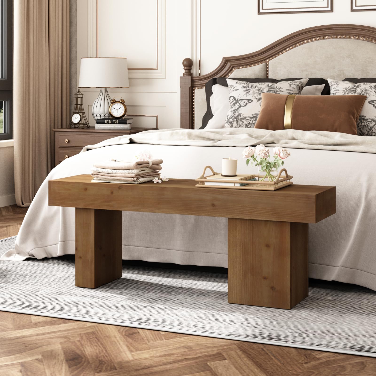Farmhouse Solid Wood Entryway Bench, 47.3" Rustic End of Bed Bench | Thickened Hollow Legs, Handcrafted Accent Seating for Dining, Kitchen, Hallway, Living Room, Bedroom, 15 Min Assembly