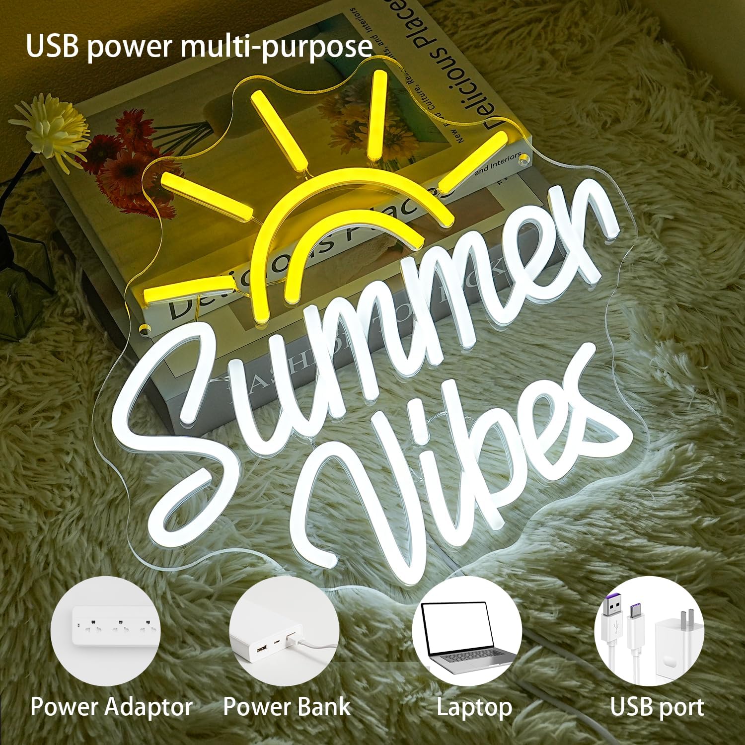 Summer Vibes Neon Sign for wall decor, Summer Party LED Sign, USB Powered Beach Bar Neon Light with Dimmable Switch for Beach Bar Bedroom Party Decoration