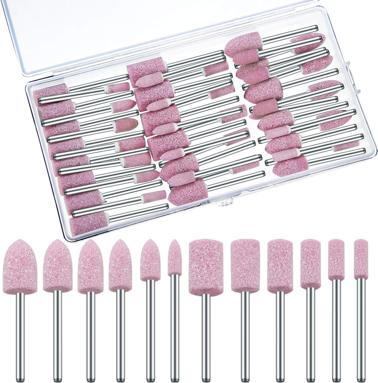 48 Pieces Abrasive Mounted Stone Grinding Wheel Head Mounted Grinding Point Stone Heads with Box Compatible with Dremel Rotary Tool, 0.12 Inch Shank and 6 Sizes(Pink,Aluminium Oxide)