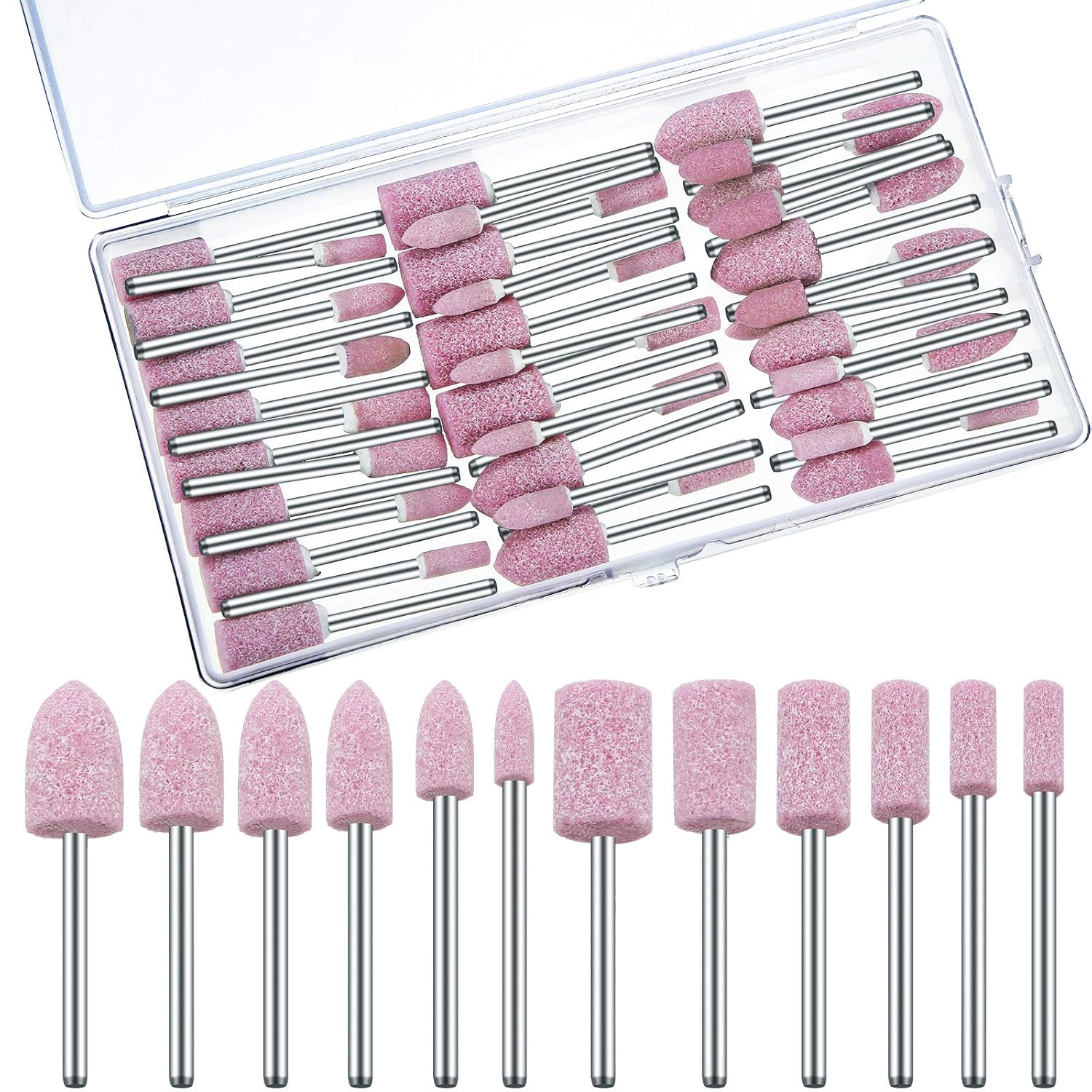 Maitys 48 Pieces Abrasive Mounted Stone Grinding Wheel Head Mounted Grinding Point Stone Heads with Box Compatible with Dremel Rotary Tool, 0.12 Inch Shank and 6 Sizes(Pink,Aluminium Oxide)