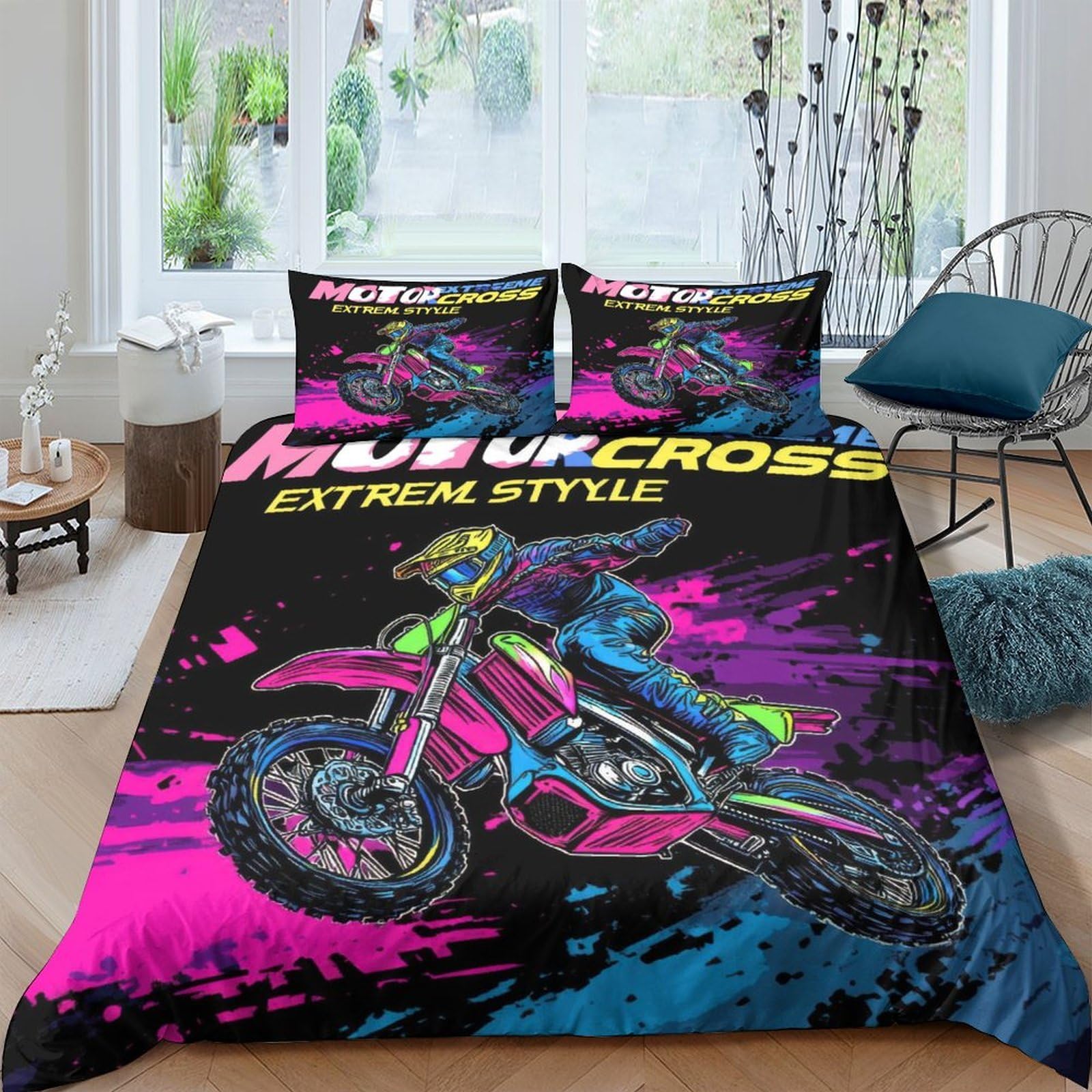 Ctjqhvkz Style-4 3D Printed Neon Motocross Fitted Sheet Microfiber Vibrant Motorcycle Bed Cover For Bedroom Dorm Easy Care Decor Single（135X200cm）