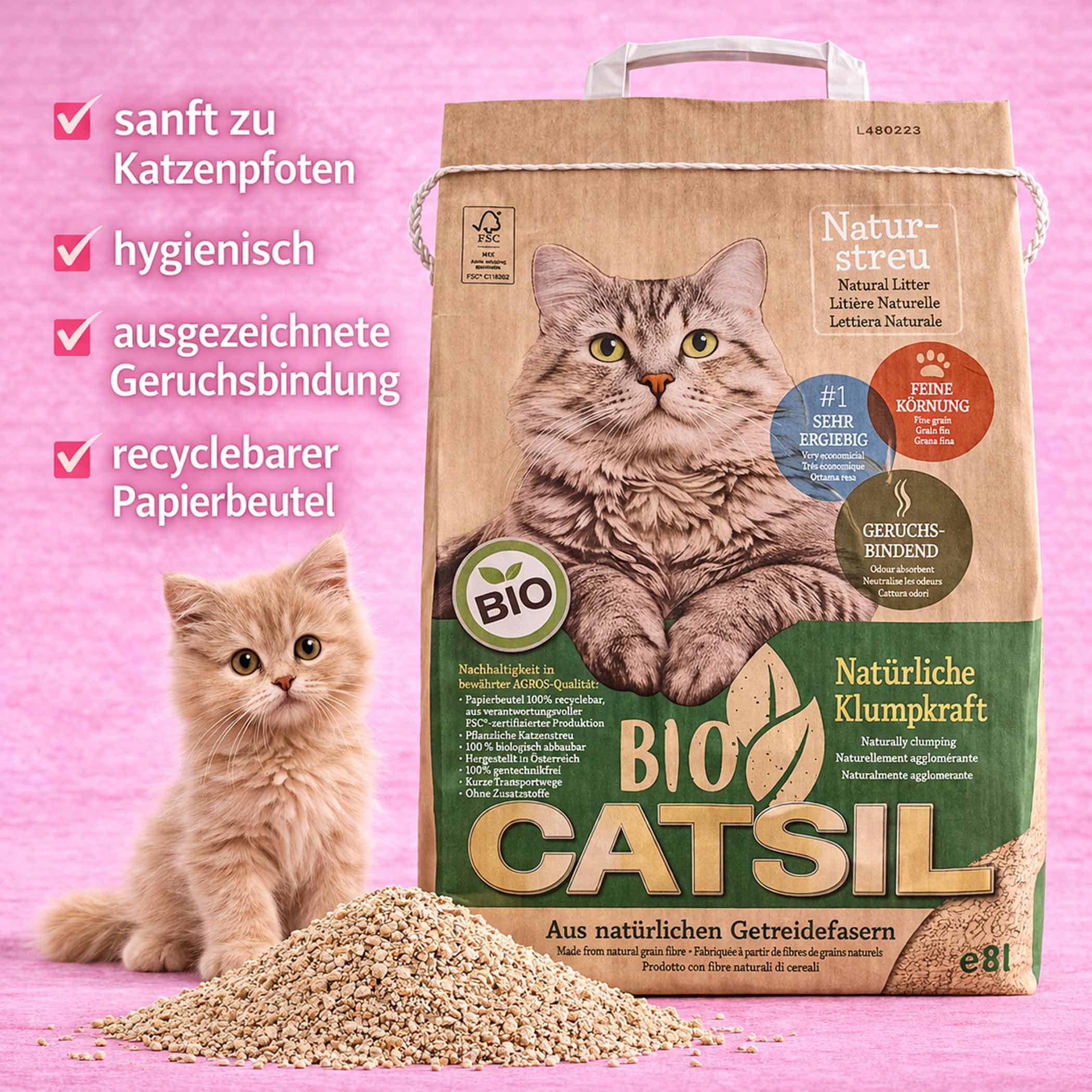 Bio-CATSIL 4x8 l Klumpstreu Katzenstreu klumpend kompostierbar 100% Pflanzenfasern