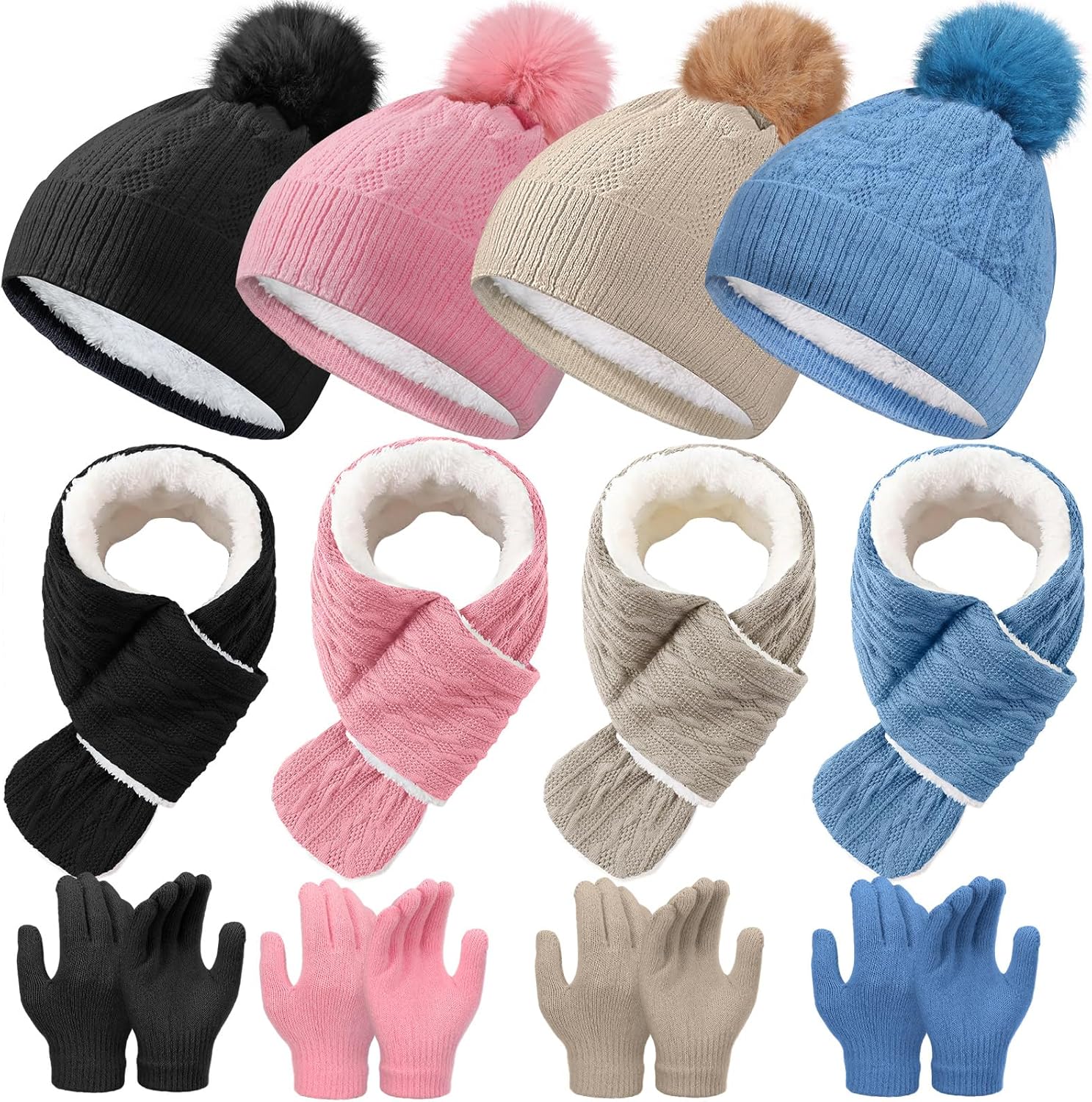 12 Pcs Kids Hat Gloves Scarf Set for Winter 3-5 Toddler Pom Fleece Scarf Knit Cap Children for Boys Gift Girls