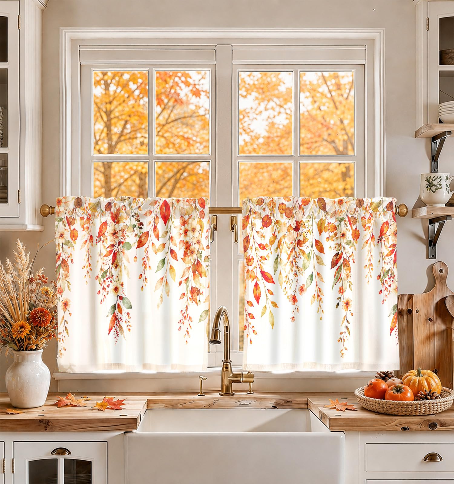 Miss Adola Boho Kitchen Tier Curtains, 24 Inch Length, Fall Leaves