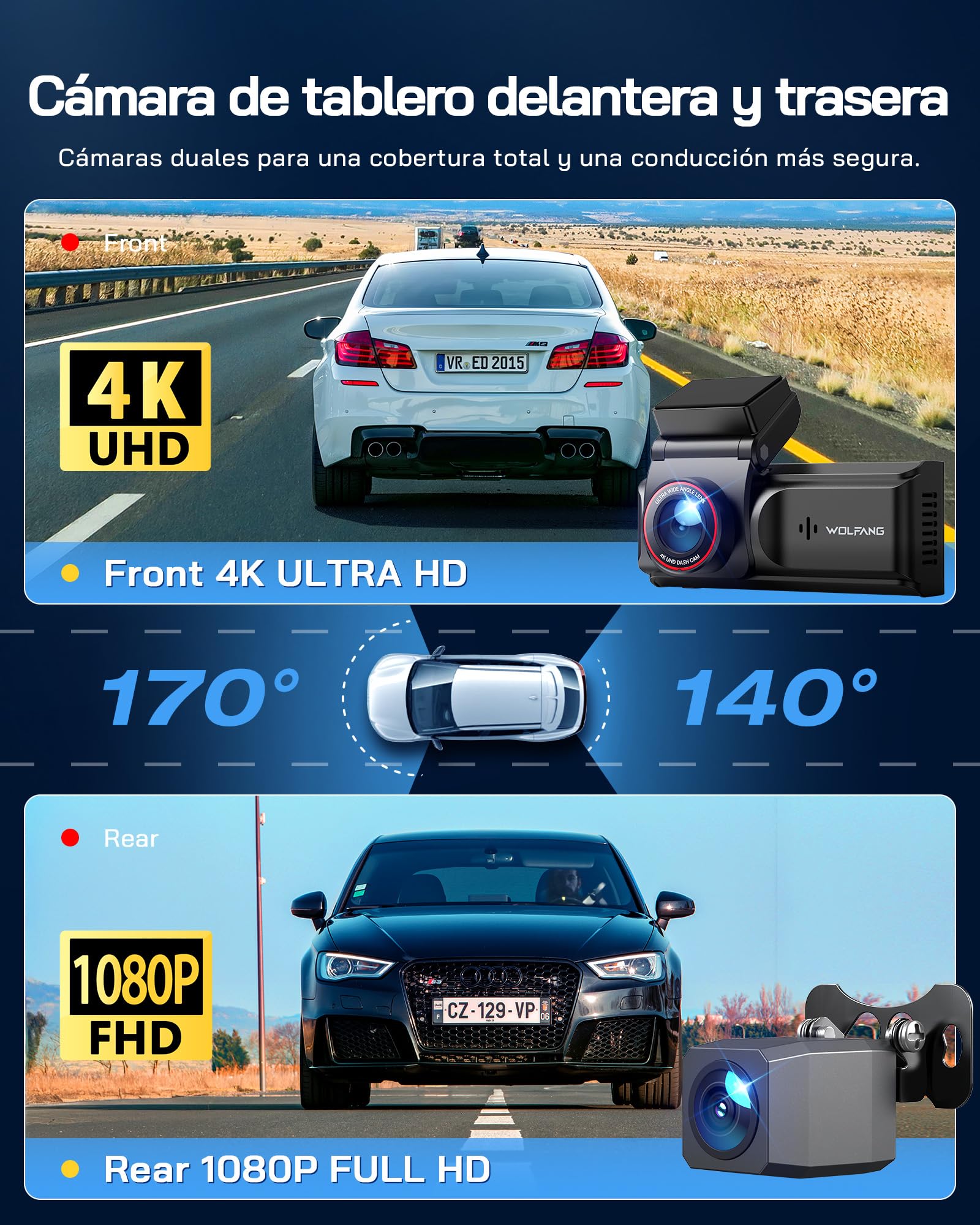 WOLFANG 4K Dashcam WiFi Dash Camera para Coches Delantera y Trasera,Cámara para Coche 2160P Dashcam con App, 3" IPS, Visión Nocturna, Grabación en Bucle, Sensor G,WDR, Soporta Modo Parking 24H