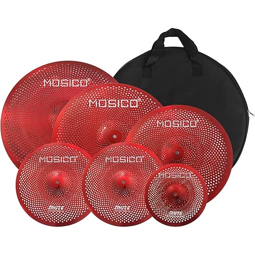 Low Volume Cymbal Mute Cymbal Pack Red 6 Pieces 10" Splash+14"hi-hat+16"crash+18"crash+20"ride Free Bag Silent Cymbals for Practice Drum Set