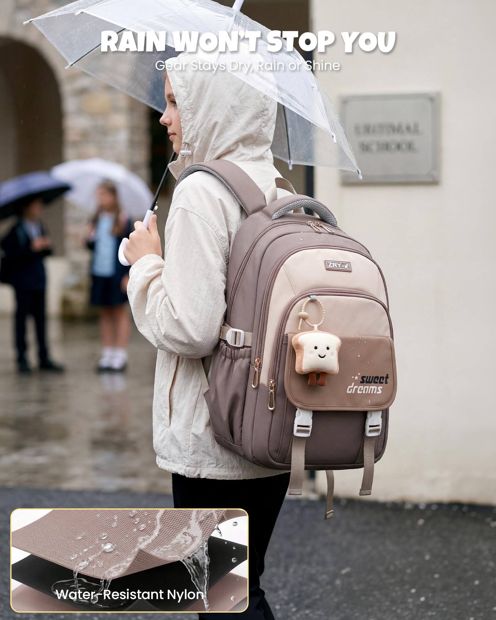 Amythe Schulrucksack Teenager 36L für Mädchen ab 5. Klasse, Großer Rucksack mit Trolleyband, Braun