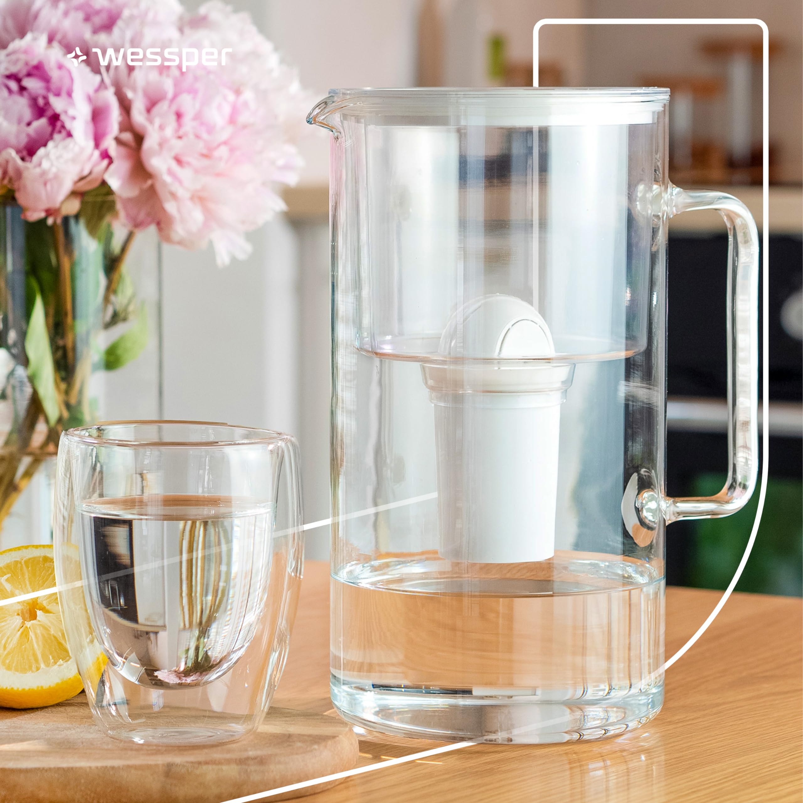 Wessper Carafe Filtrante en Verre avec Deux Cartouche Anti Calcaire, Carafe d'eau Capacité de 3 L, Filtres eau Compatible avec Brita Classic, Dafi Classic, Blanc