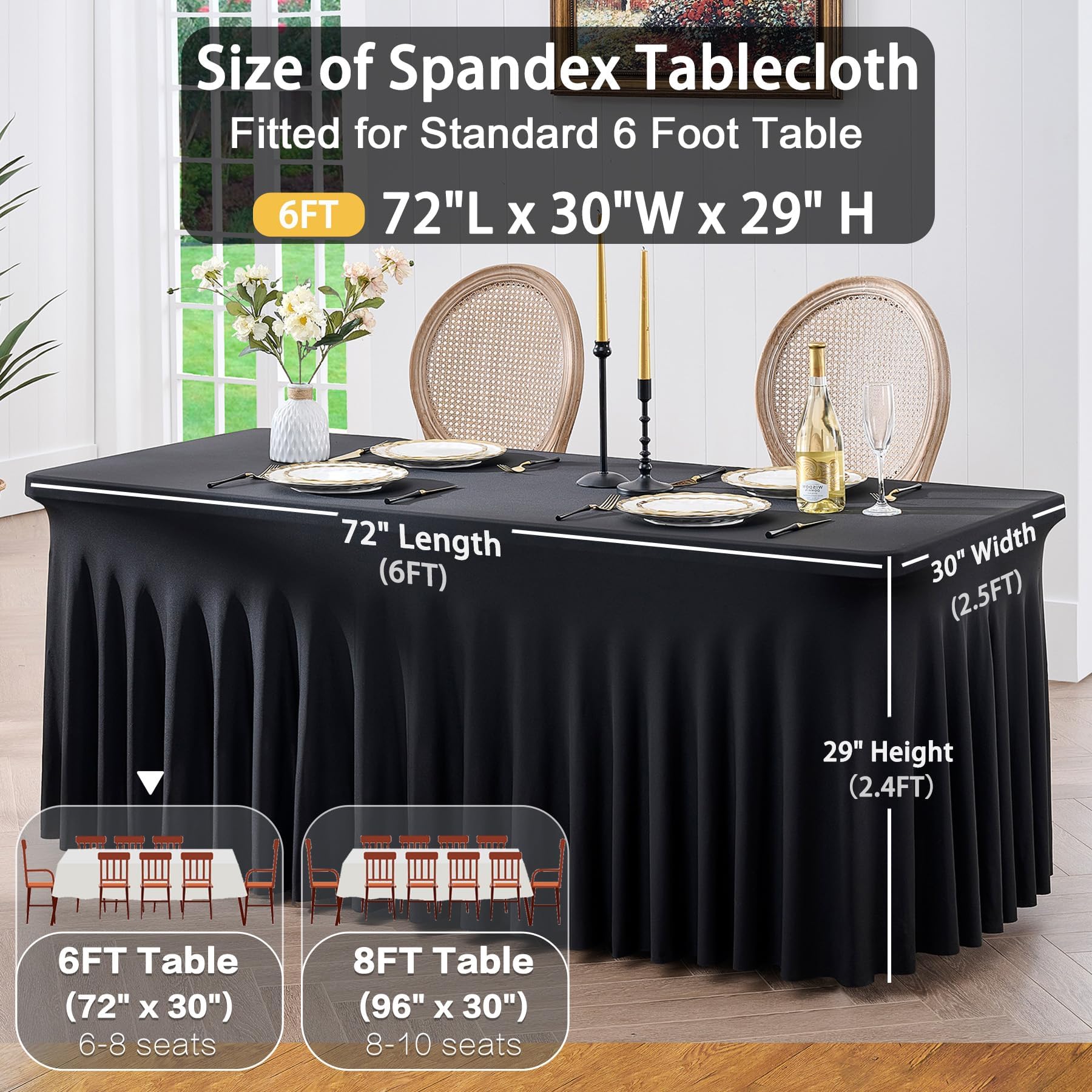 Paquete de 6 manteles de elastano elásticos negros para mesa rectangular de 1,8 m, lavable y sin arrugas, mantel rectangular para fiestas, eventos, bodas, banquetes, [183 x 76 x 74 H] cm
