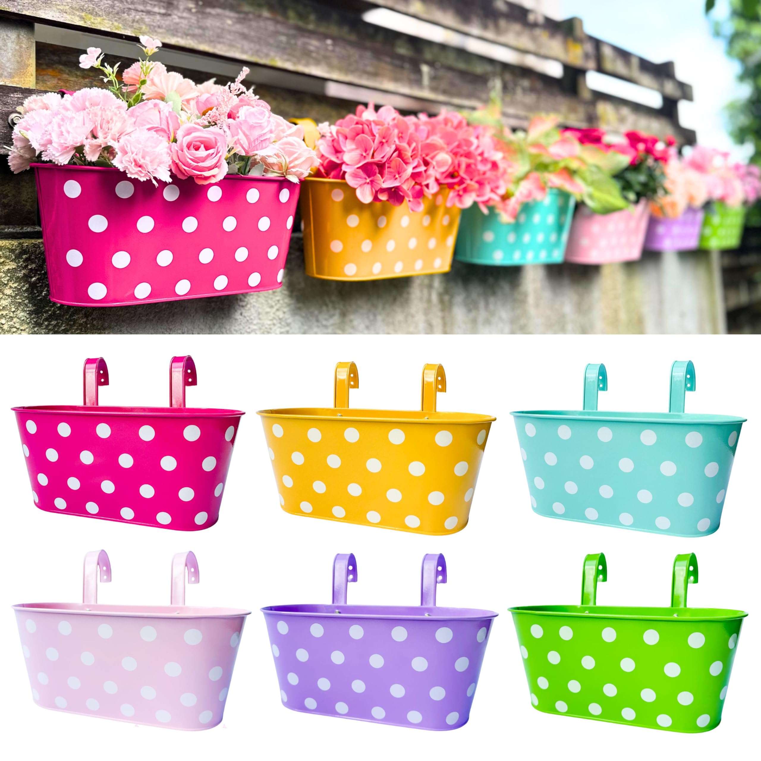 LaLaGreen Hanging Rail Planter (11.8 in, 6 Pack) Polka Dot Metal Fence Pots