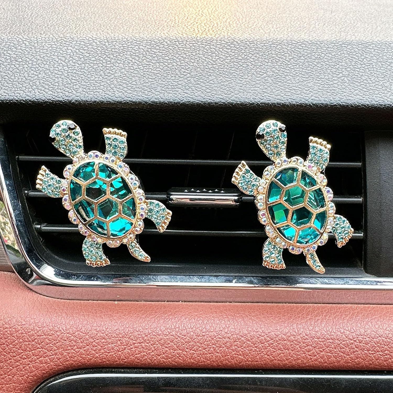 2pcs Cute Shiny Rhinestone Turtle Car Air Freshener Clip – Stylish Vent Fragrance Diffuser with Ocean Scent – Universal In-Car Decoration for Men & Women (Blue, Ocean)
