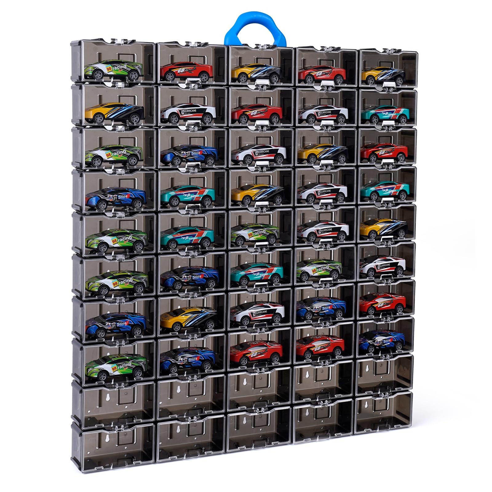 Yosuny Mini Toy Organiser for Hot Wheels & Matchbox Cars, Display Box for 1/64 Scale, Portable & Display Collections (50pcs Translucent Grey)