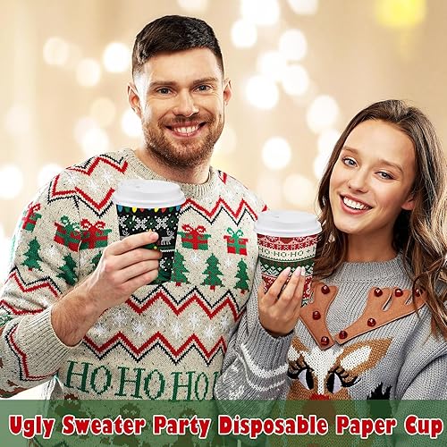 Miniatura 5 de Gerrii 100 vasos de papel de Navidad desechables de 12 onzas con tapas, tazas de chocolate caliente, tazas de café, tazas calientes de vacaciones