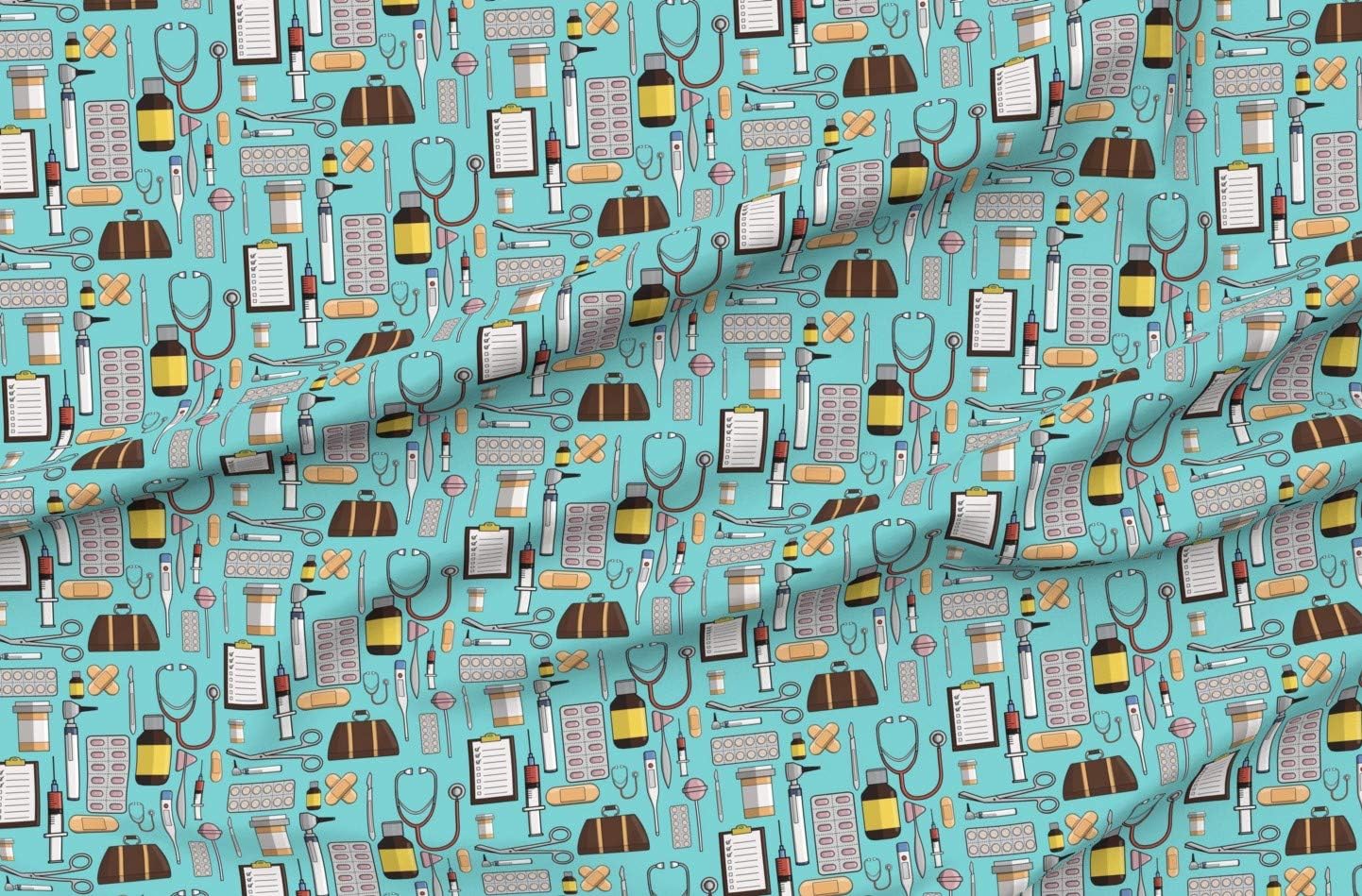 Spoonflower Fabric - Turquoise Doctor Hospital Nurse Pills Health Blue Green Printed on Denim Fabric by The Yard - Bottomweight Apparel Home Decor Upholstery