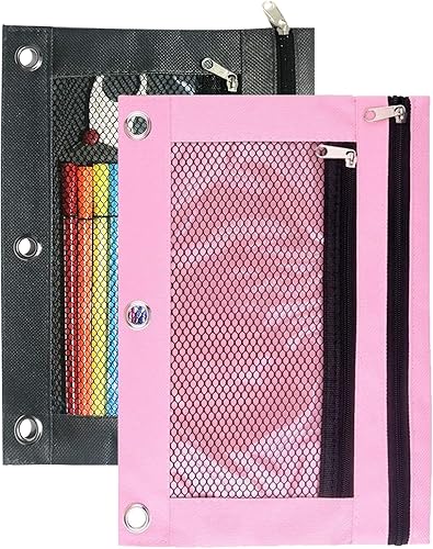 Miniatura 6 de Estuche para lápices de 3 anillas, paquete de 2 bolsas para lápices con cremallera, estuche con doble bolsillo y ventana de malla (negro y azul)