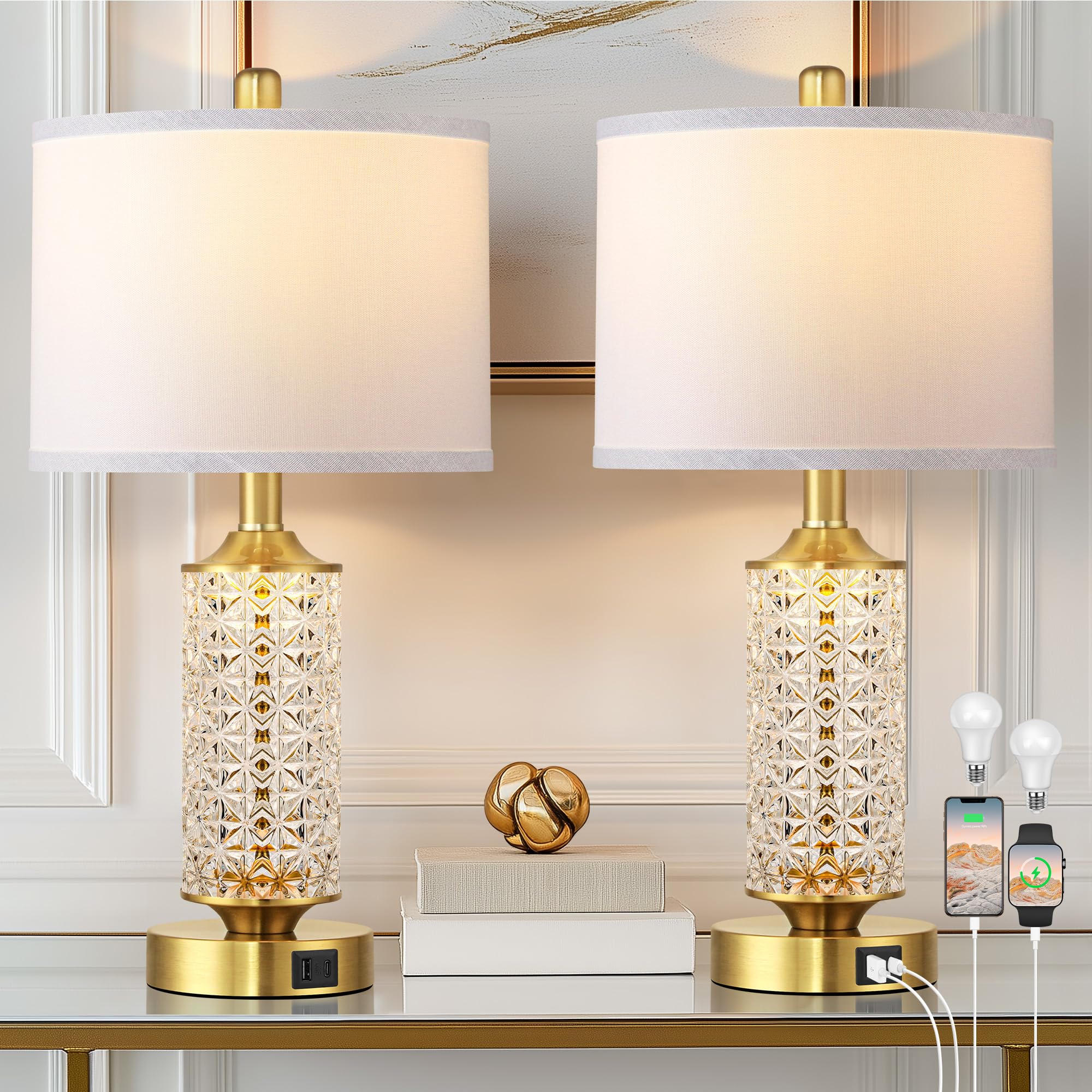2er Set Tischlampen mit USB-Anschlüssen, Moderne Nachttischlampe mit LED-Nachtlicht, Nachttischlampe für Schlafzimmer, Nachttischlampen für Wohnzimmer Büro (Gold)(2 Leuchtmittel enthalten)
