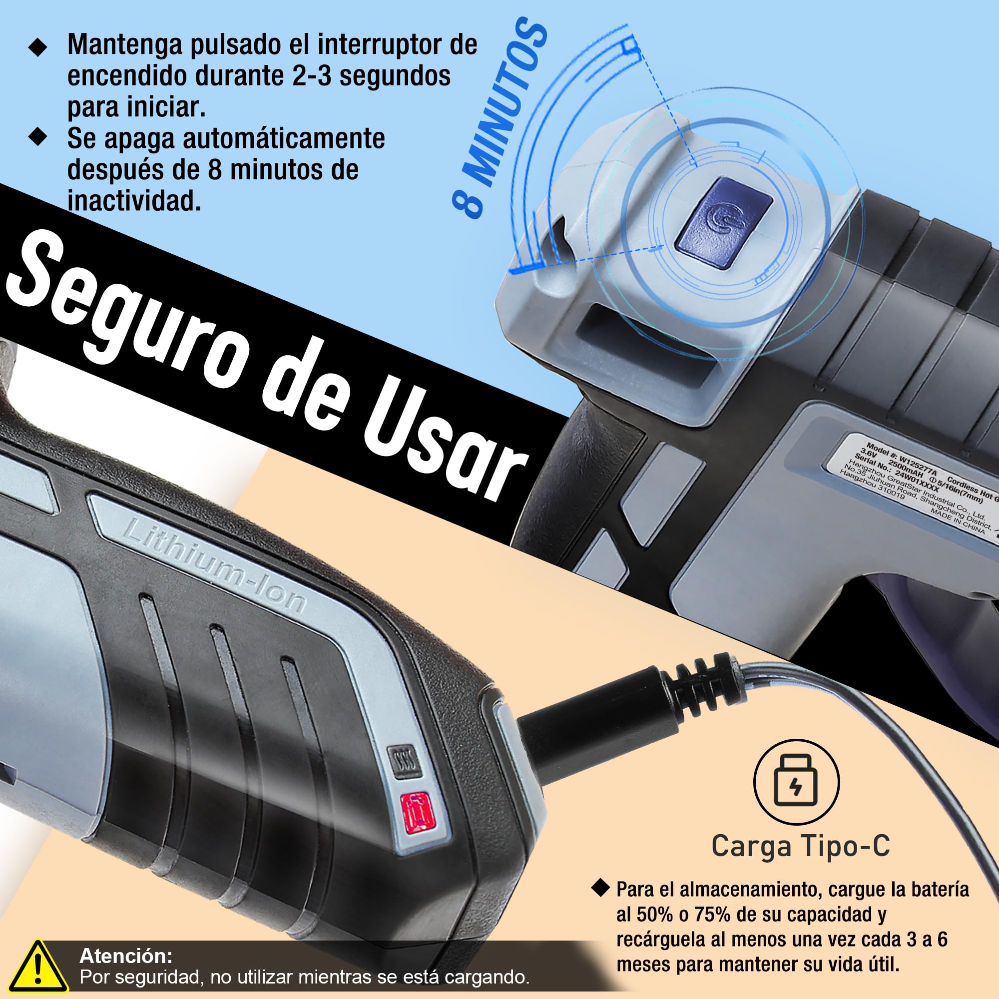 WORKPRO Pistola de Silicona Caliente Inalámbrica con 20 Barras (7x100 mm), 3,6V Pistola de Pegamento Termofusible con Boquilla de Menos Goteo, USB-C Recargable, Ideal para Bricolaje y Decoración