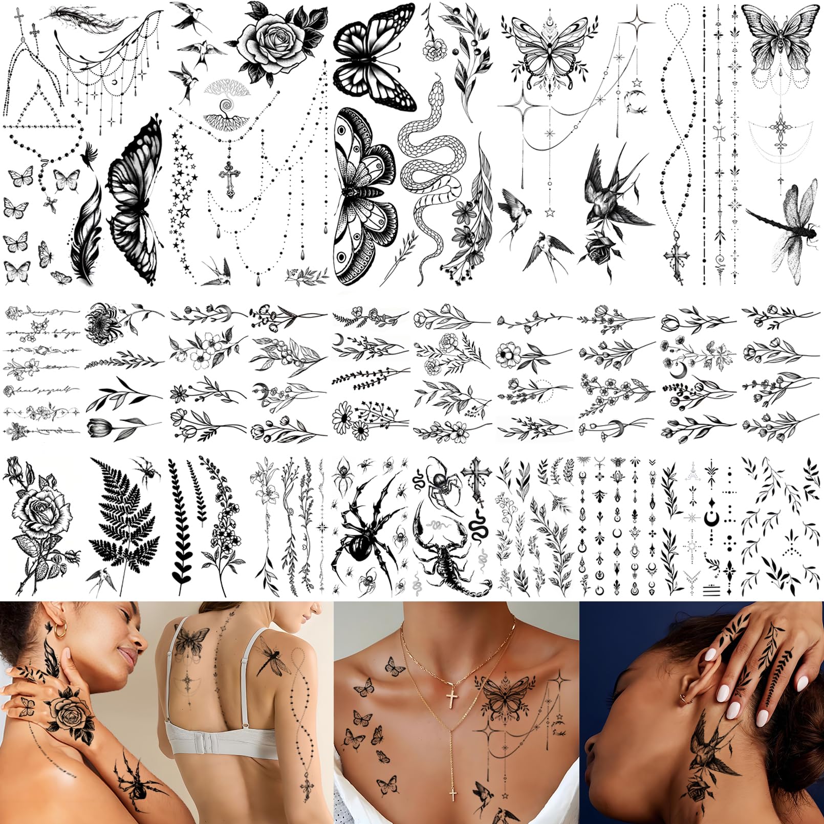 200+PCS Temporary Tattoos for Women, Waterproof Black Realistic Rose Hummingbird Necklace Tattoos Sketch Fake Tattoo for Women Body Art Arm Neck Hands Chest Neck Collarbone Spine Back Butterfly2