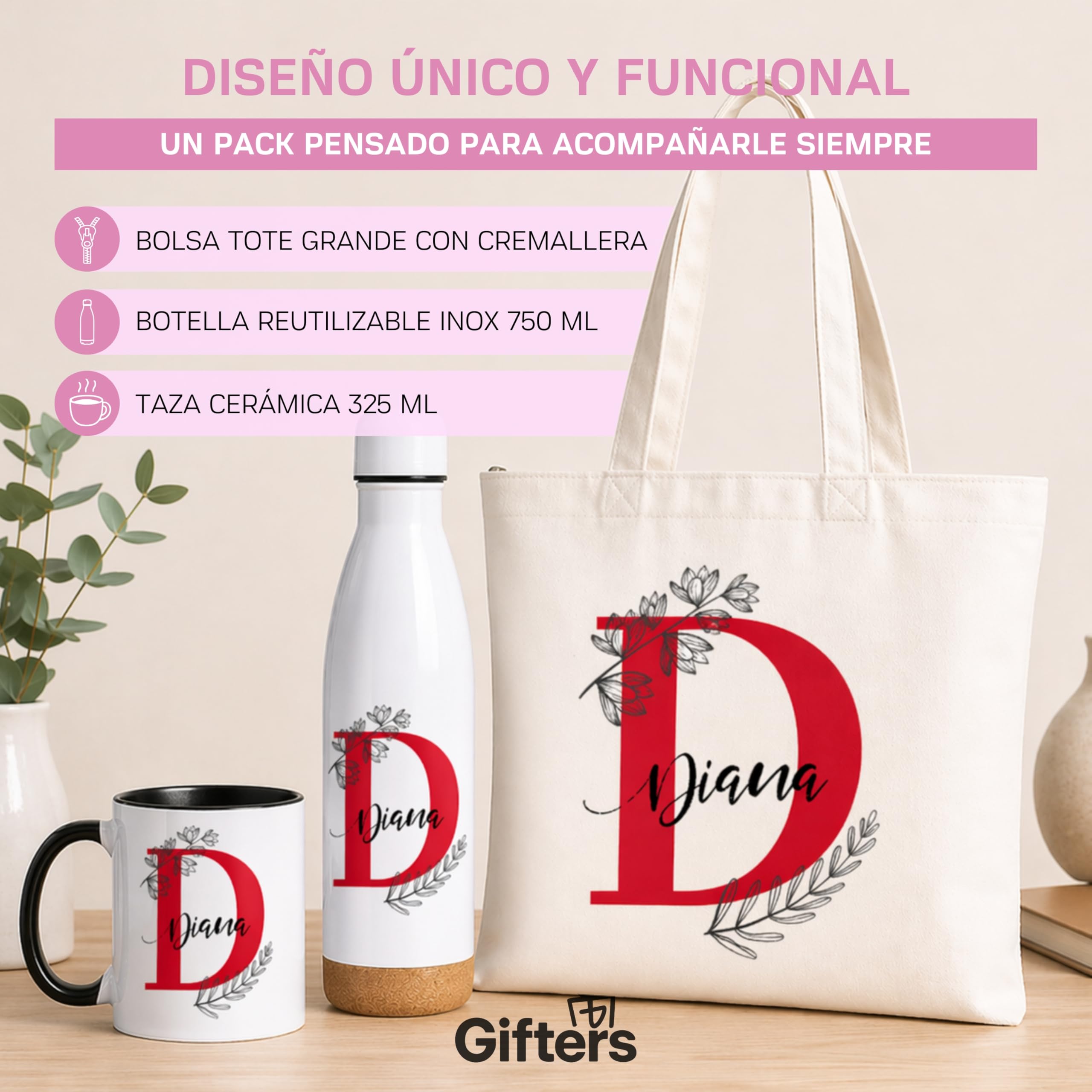 Gifters | Bolsa Tote, Taza 325ml y Botella Acero Inox 750ml | Diseño Floral con Inicial y Nombre | Shopper, Tote Bag con Cremallera | Pack Regalo Personalizado Original Mujer, Amiga, Niña o Madre