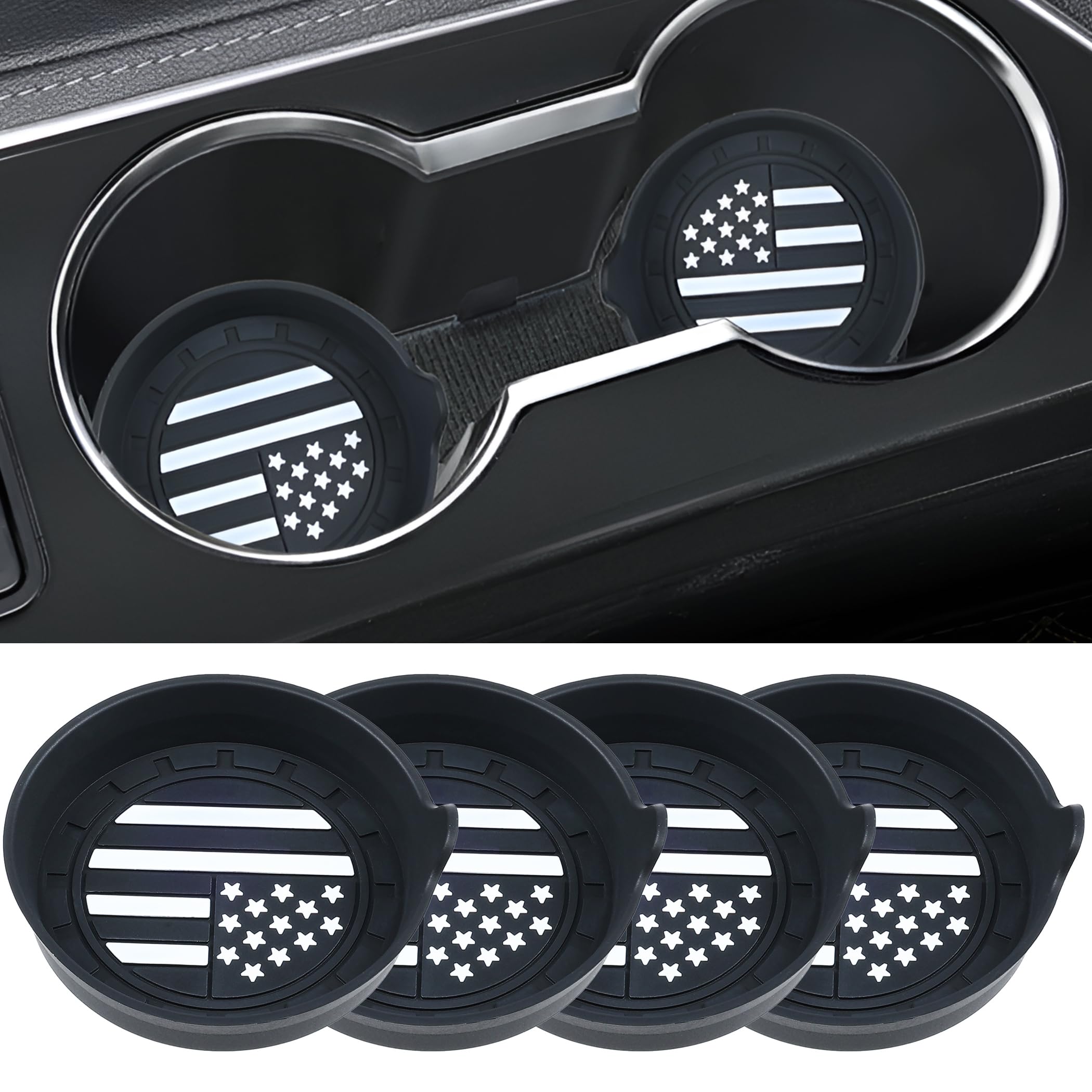 Amooca Car Cup Coaster Universal Non-Slip Silicone Cup Holder Insert Car Interior Accessories for Drink American Flag US Flag 4 Pack Black