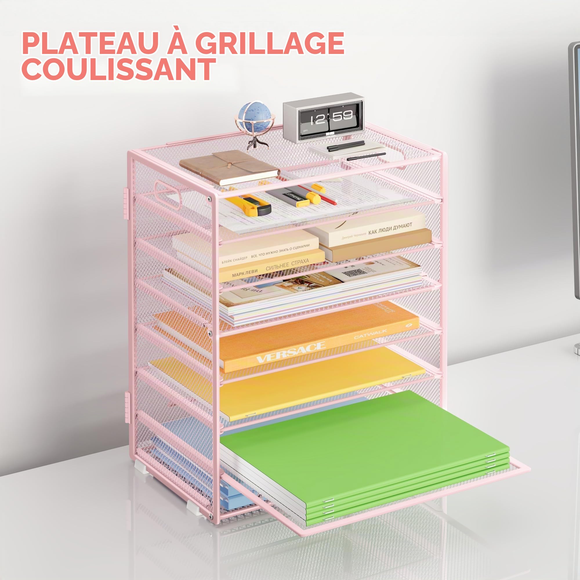 Marbrasse Organisateur de Bureau,8 Niveaux Papiers Rangement Courriers,Porte Documents A4 Empilable,Maille Métallique pour Classe,Maison,Bureau(Rose)