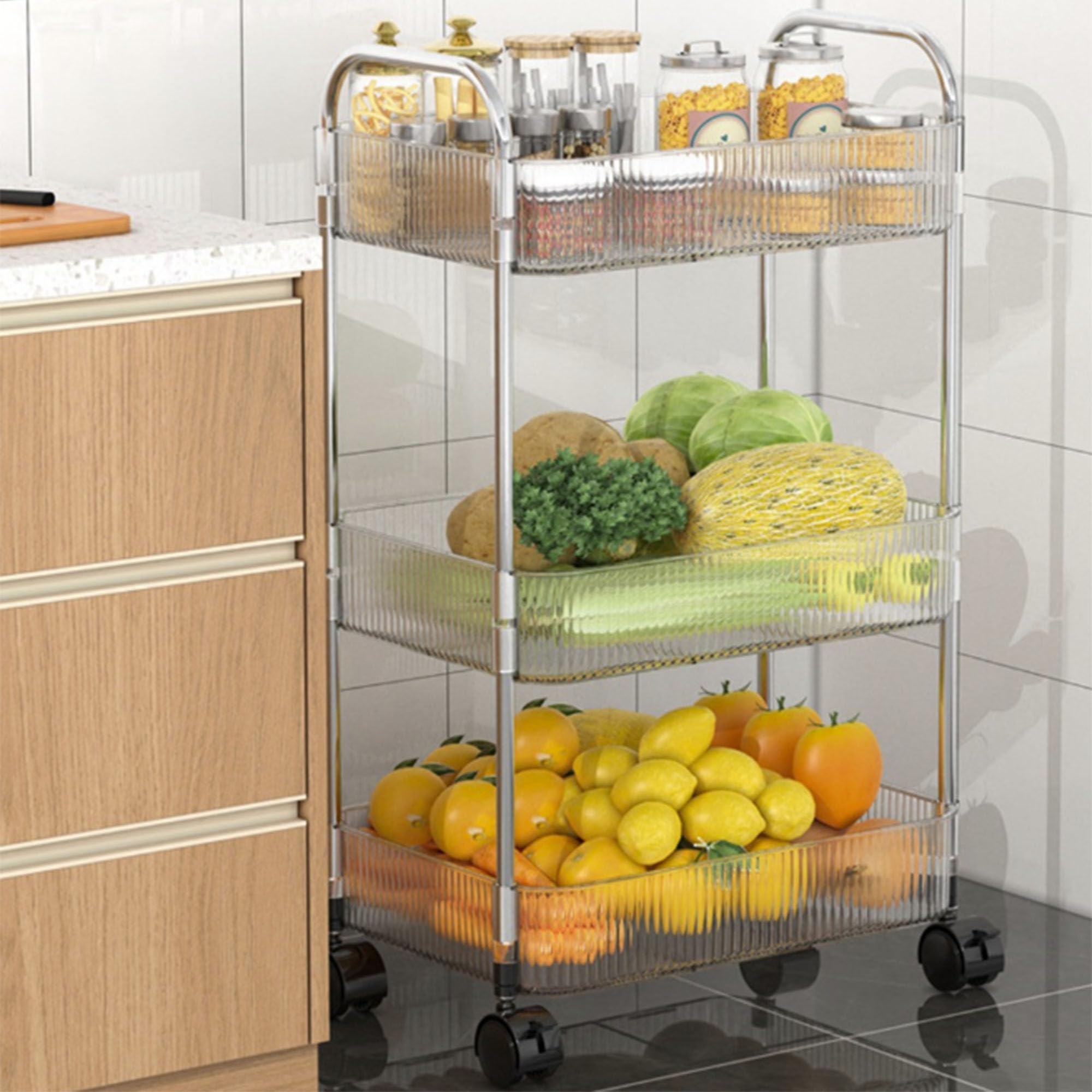Carrello Portaoggetti a 4 Livelli, Carrello Con Ruote, Carrellino Piccoli Spazi, 90*31*20 cm, Carrello Con Ruote, Carrello Da Cucina Salvaspazio In Bagno Ufficio (Trasparente)