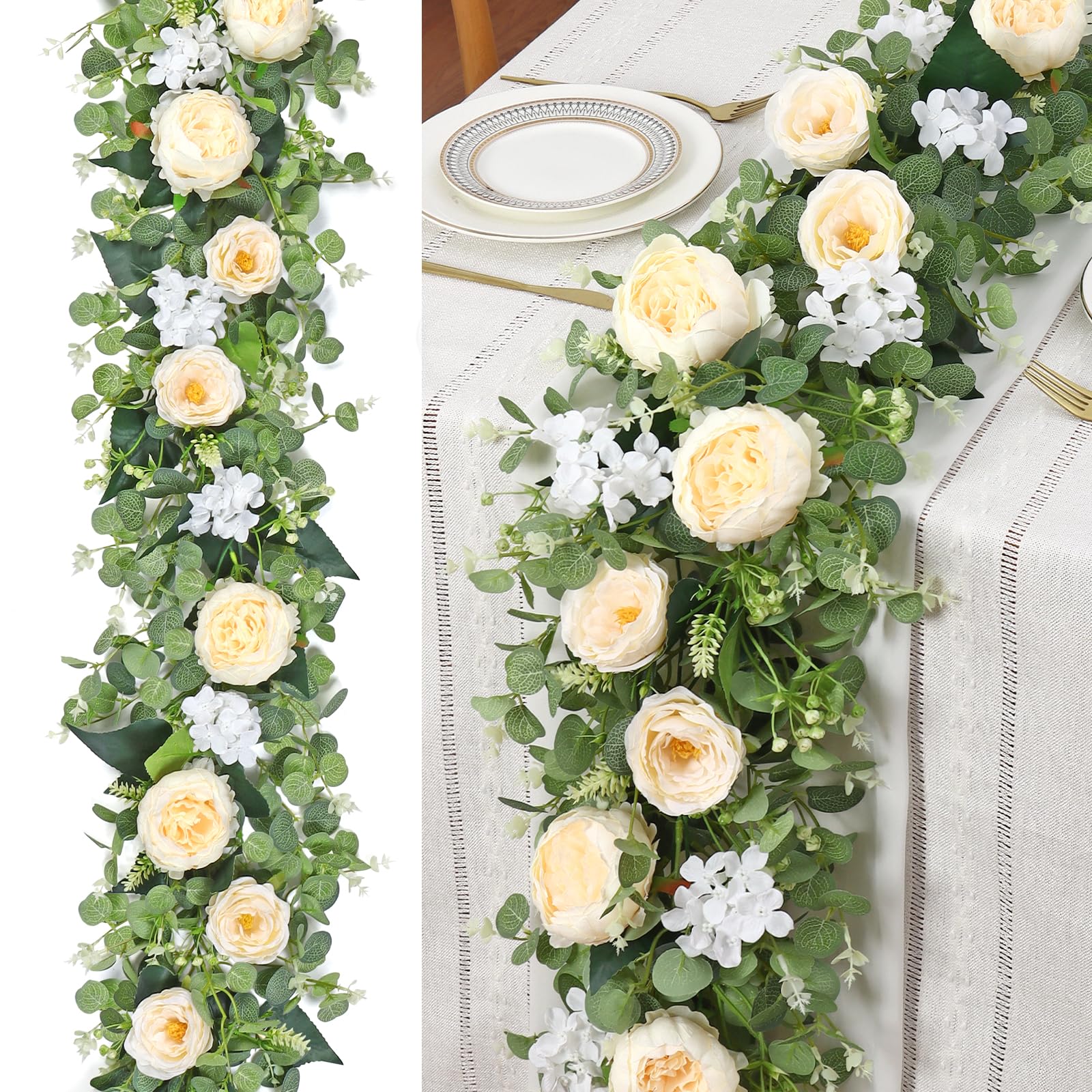 Betylifoy Kunstmatige Eucalyptusslingers met Bloemen 190 cm Kunstmatige Bloemenslingers Pioenen 2 stuks nep groen Slinger Bloemenslinger voor Bruiloftsfeest Tafel (2, Champagne