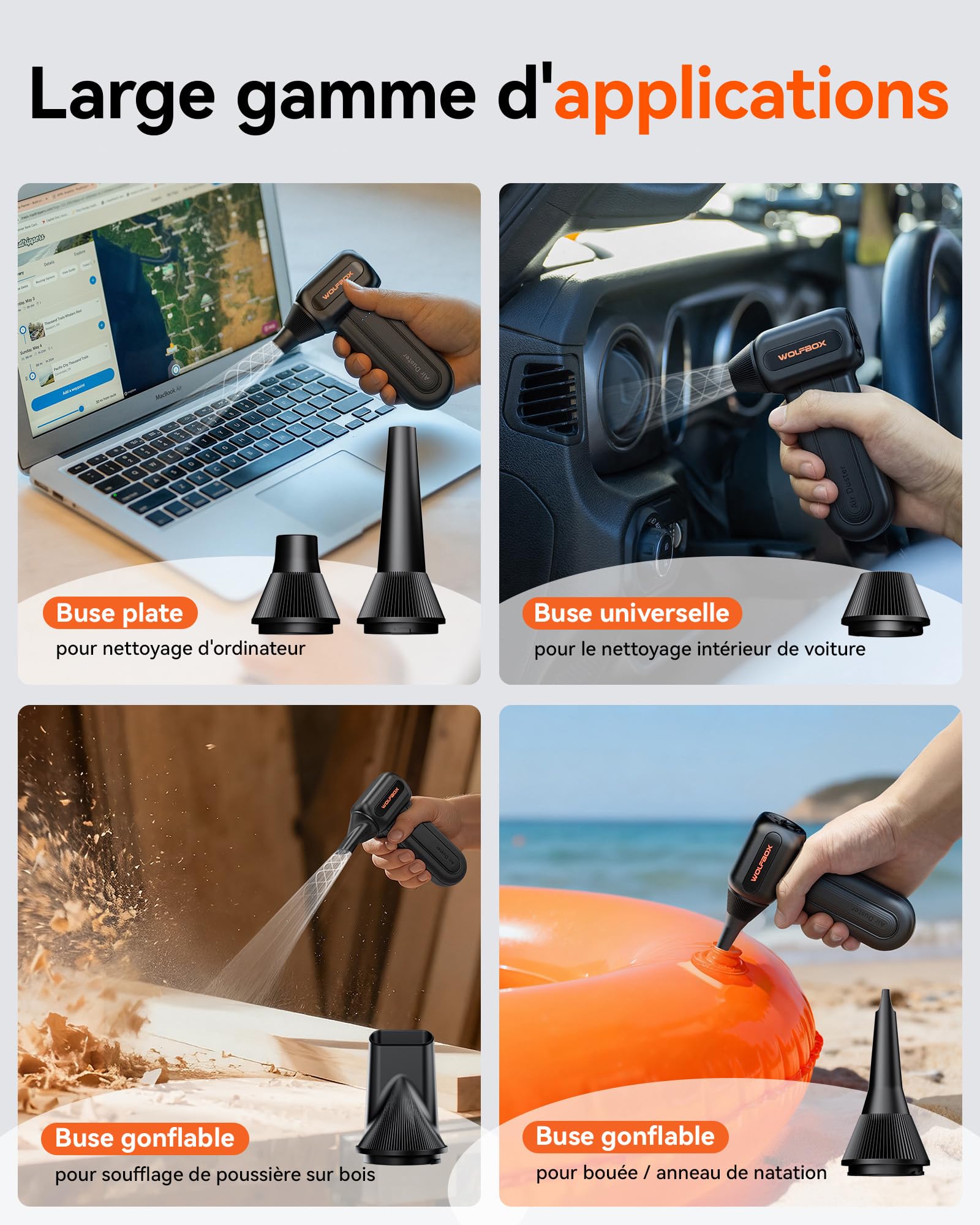 WOLFBOX MF60 Souffleur Air Comprimé, 110000 TR/Min Souffleur PC Puissant Sans Fil, Mini Souffleur 3 Vitesses, Autonomie 240 Min, Dépoussiérant pour Clavier Voiture Maison, 5 Buses
