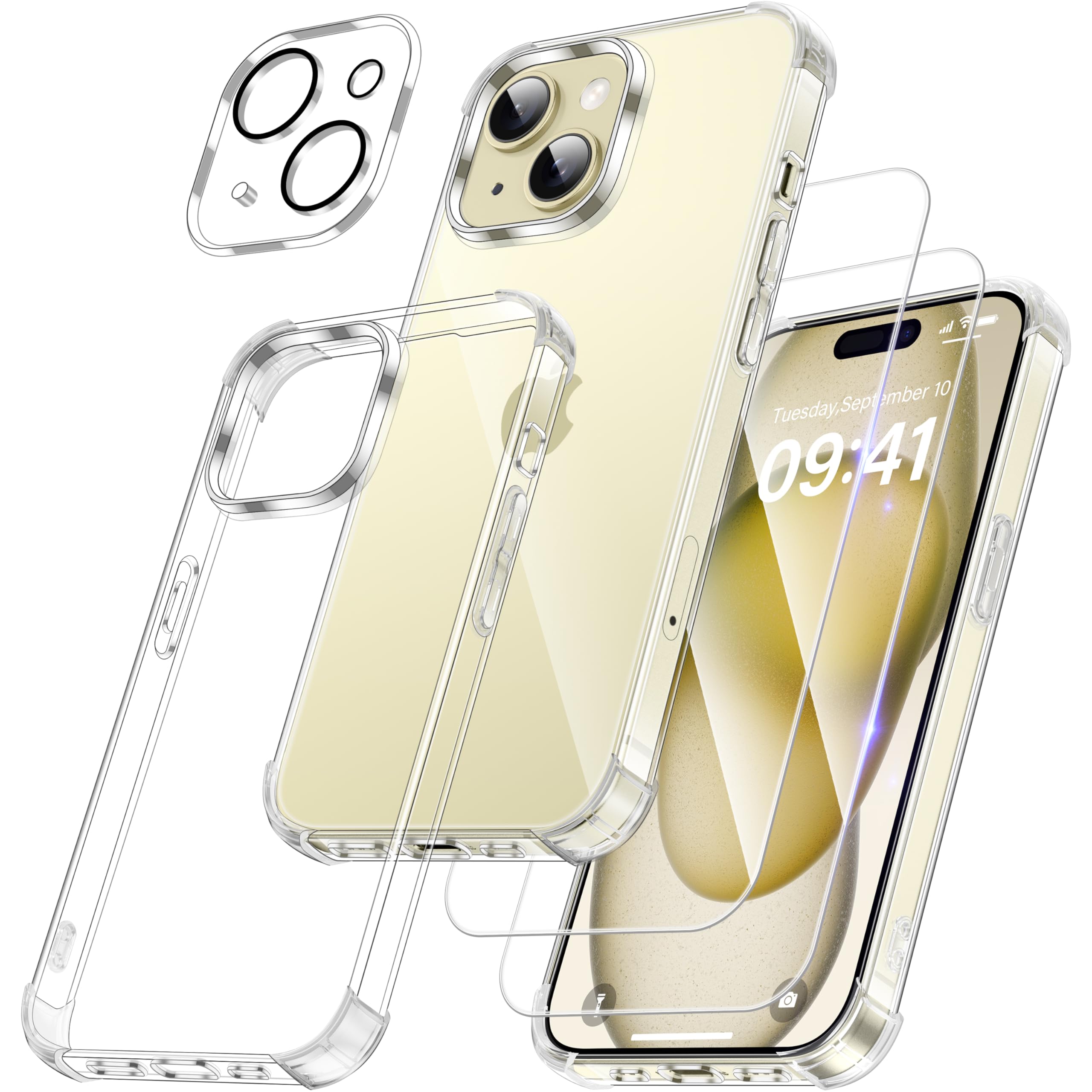 FLLAO 4 en 1 Funda para iPhone 15 Plus con 2 Protector Pantalla y 1 Protector Lente Cámara, [Almohadilla de Aire integrada] Antigolpes Antiarañazos Carcasa 6,7 Pulgadas, Transparente Global Recycled Standard Global Recycled Standard Global Recycled Standard