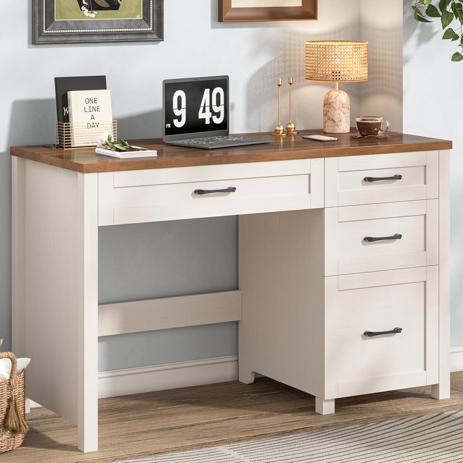 Farmhouse 47" Executive Desk, Computer Desk with File Drawer and Charging Station, Workstation for Study, Home Office, Unique White.