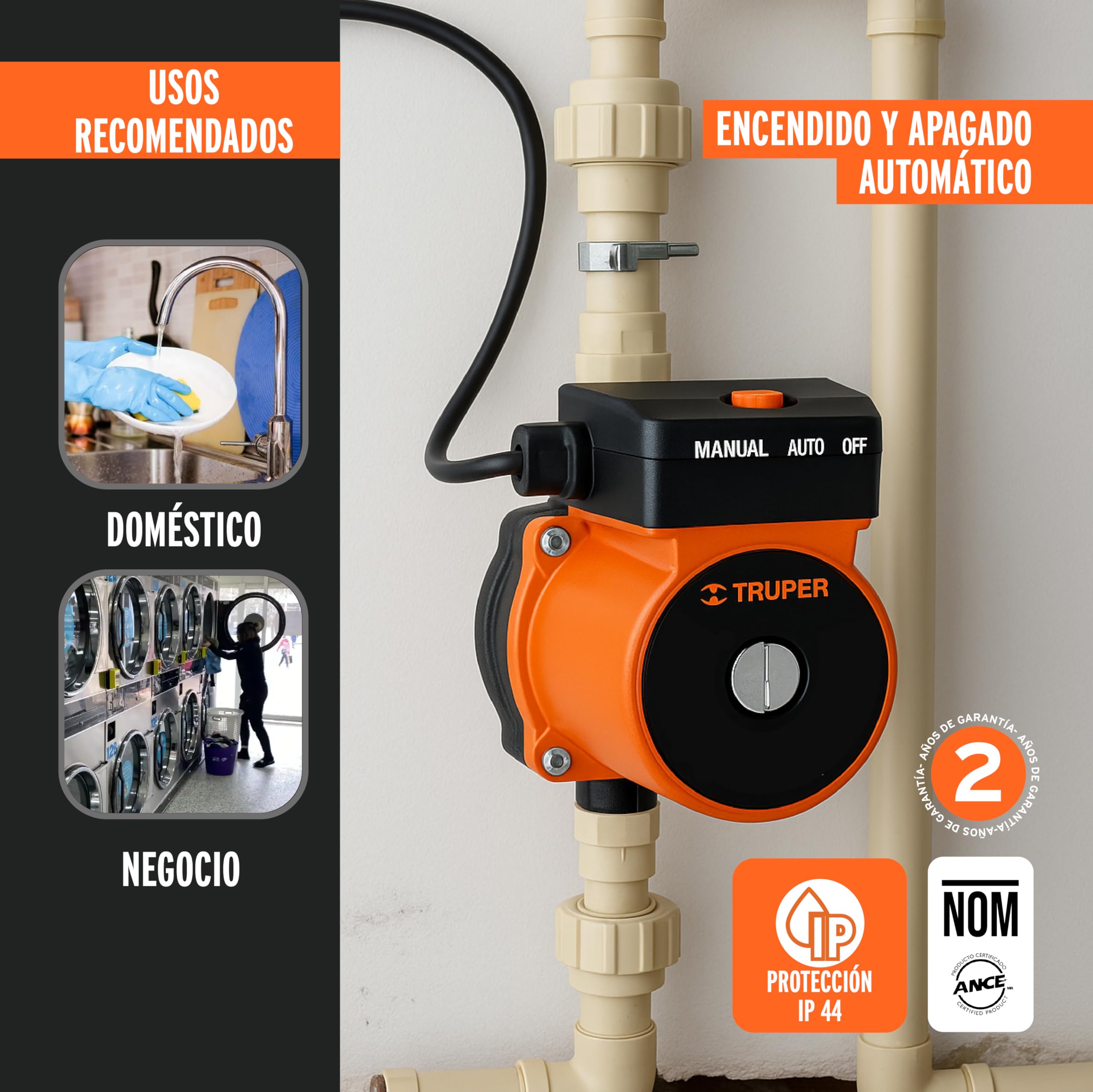 Truper Bomba de Presurización 1/6 HP, Naranja, Plástico, Above Ground, Water Pressure Pump