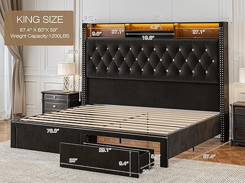 Miniatura 9 de CIKUNASI Base de cama tapizada tamaño Queen con 4 cajones de almacenamiento, base de cama de plataforma con cabecero de ala, luces LED, no necesita