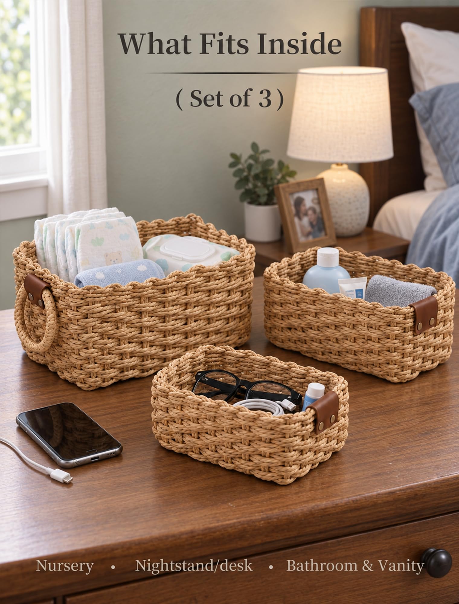 Small Wicker Baskets - 3 Pack for Shelves -3 Small Wicker Baskets - 3 Pack for Shelves -3