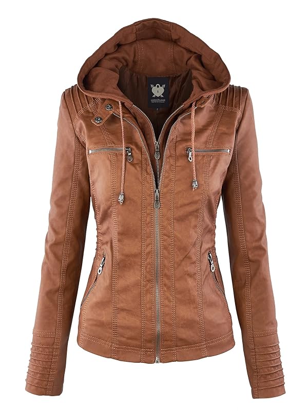 LL WJC663 Women’s Faux Leather Moto Biker Jacket with Removable Hood – Lightweight Zip-Up Coat with Pockets for Fall and Winter M Camel by Lock and Love - Used condition - US$40.17