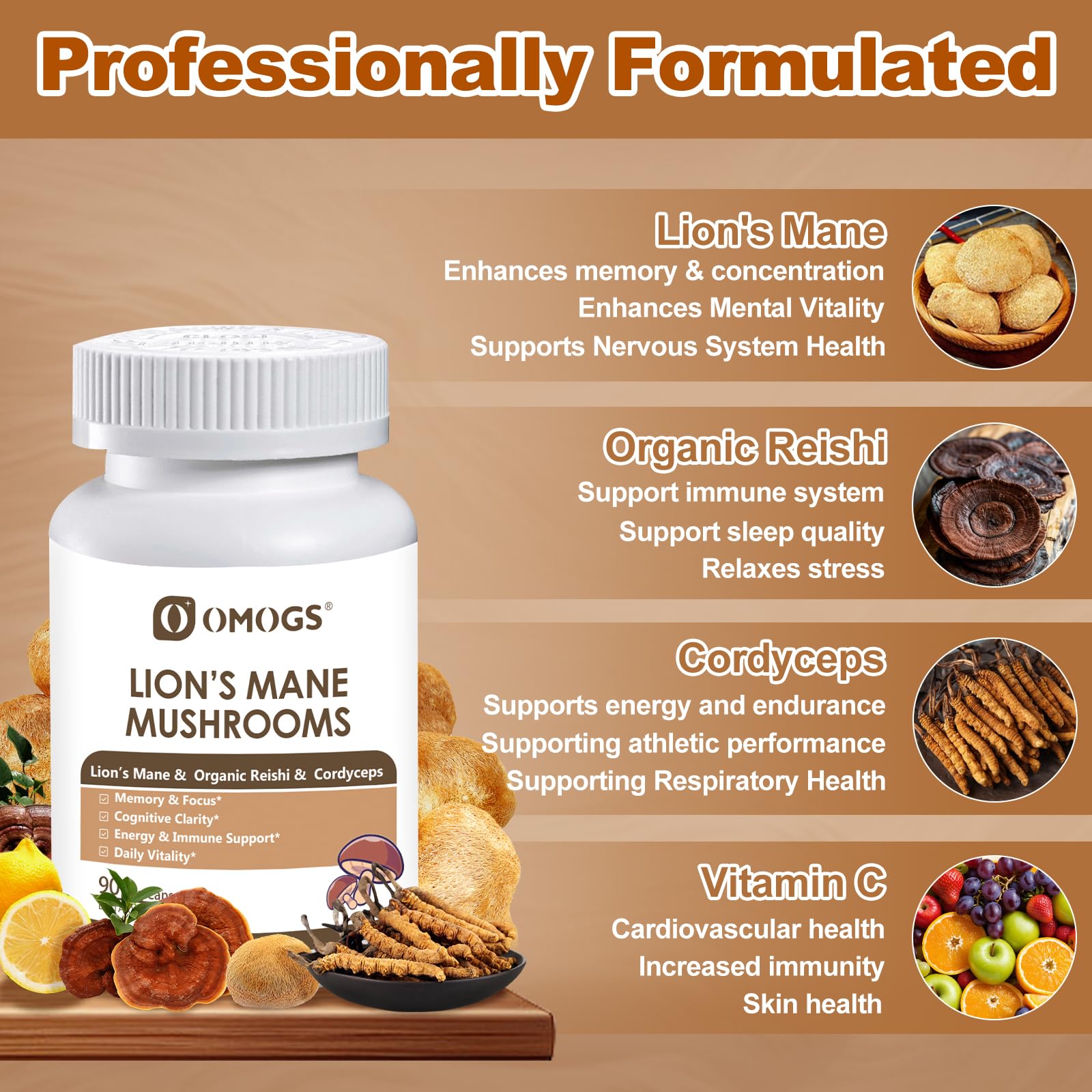 OMOGS Mushroom Complex Supplement Capsules 10:1 Extract, Lions Mane Supplement with Cordyceps, Reishi, for Brain Health, Memory Support, Focus & Immune System — Amazon image 3