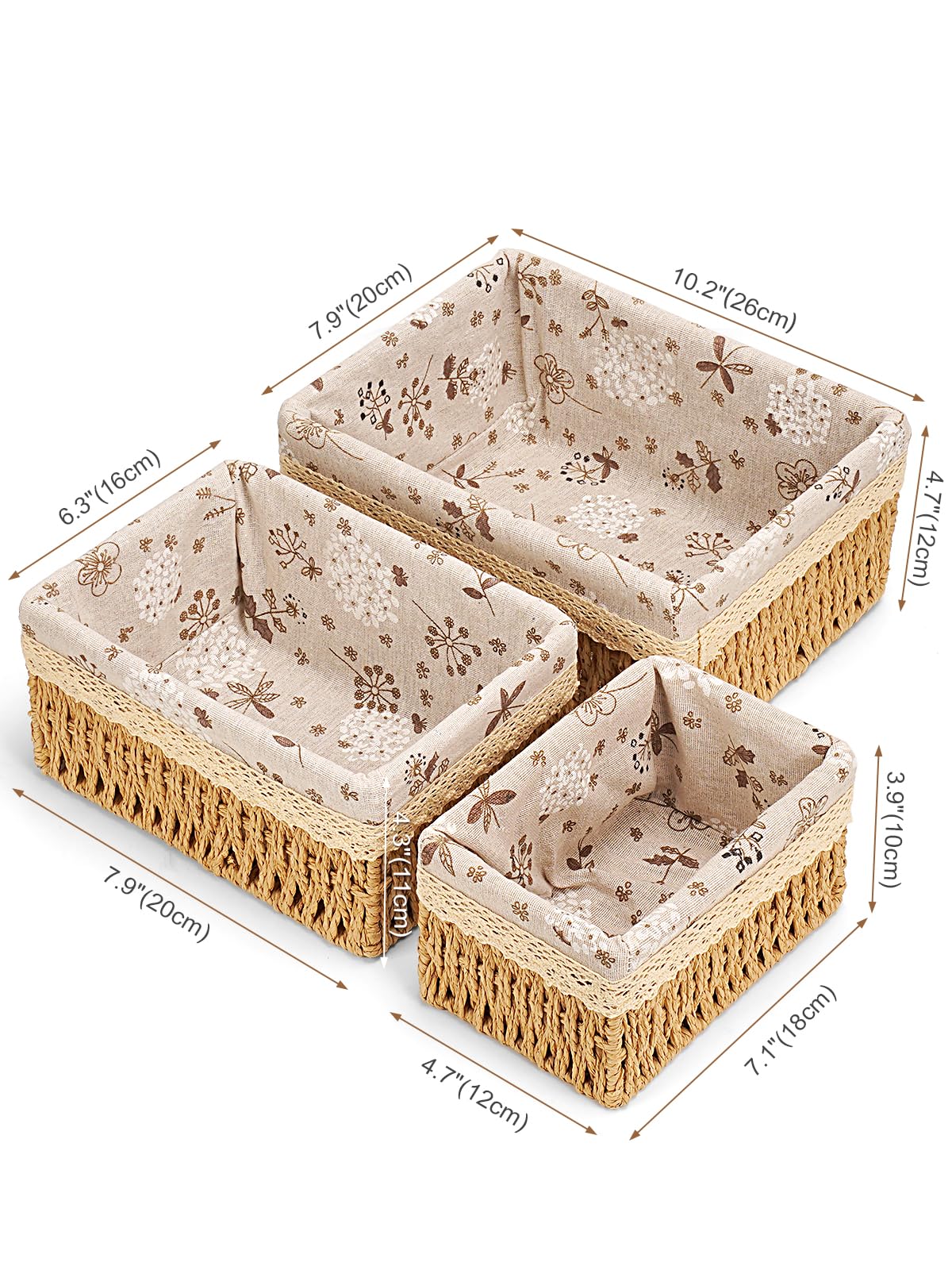 Amaredom Cestini in Vimini Floreali, Set di 3 Cestini Portaoggetti Intrecciati a Mano di Diverse Dimensioni, Perfetti per Organizzare, Riporre e Decorare la Casa - Beige