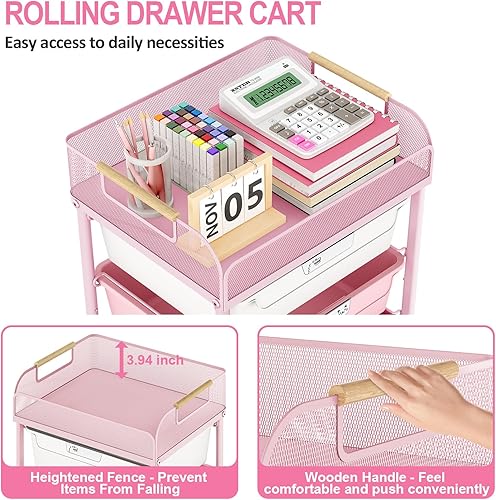 Miniatura 7 de Carrito rodante con 4 cajones, carrito utilitario rodante de 4 niveles, carrito de almacenamiento rodante con parte superior de malla, carrito de